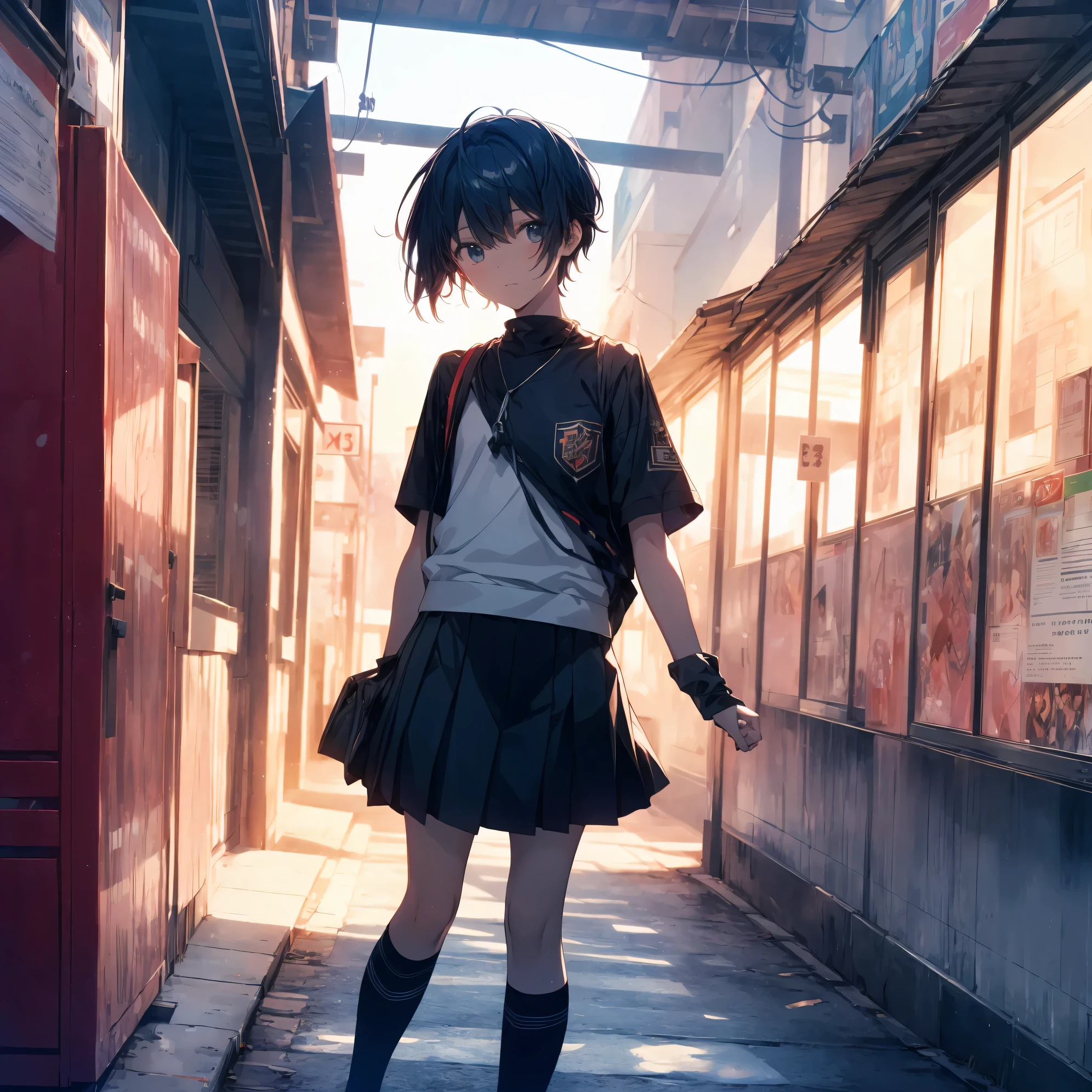 Super high quality by the art god, super detailed, High resolution, Makoto Shinkai Style, anime moe art style, best anime 8K konachan wallpaper, pixiv contest winner, perfect anatomy, break,(眠そうにalone学校へ行く女の子を描いてください. ),break, surreal high school girl, (alone,change, child,13 years old:1.3),All limbs, full finger,Middle school students, androgynous charm, ((very short hair)), messy hair, flat chest, small ass, between legs, Small black eyes,beautiful and fine eyes, Well-proportioned iris and pupils, disgusted eyes, High resolutionの詳細な髪, school uniform, (skirt), On the way to school. break,super dense skin, Best lighting by famous artists, 8K, figure,