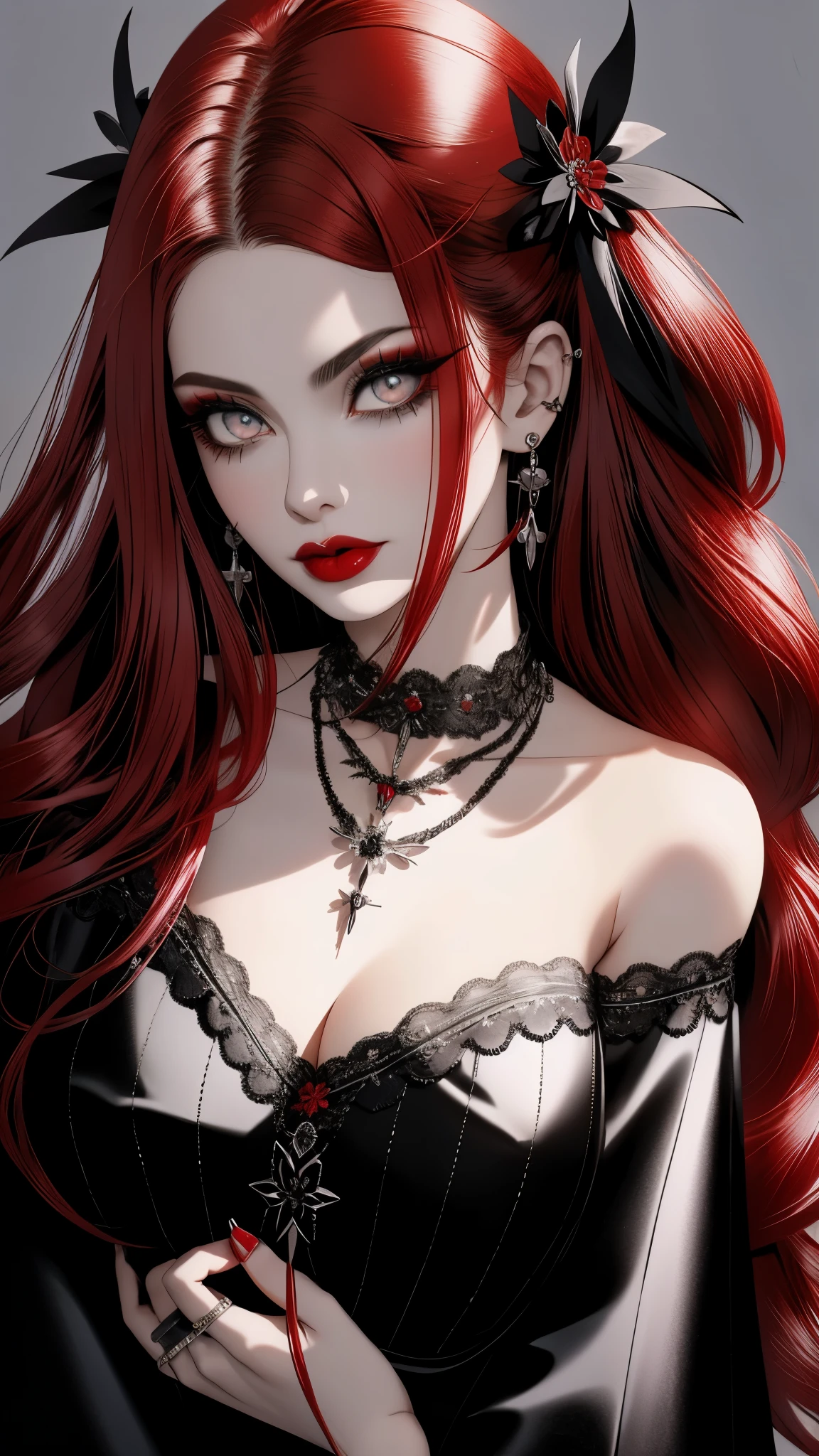 (1milf gothpunk girl), red hair, solo, necklace, long hair, blue eyes, petals, red lips, hair ornament, flower, black flower, pearl necklace, portrait, lipstick, makeup, grey eyes, , dark shiny skin,(), (large breasts)el,(mature female:1