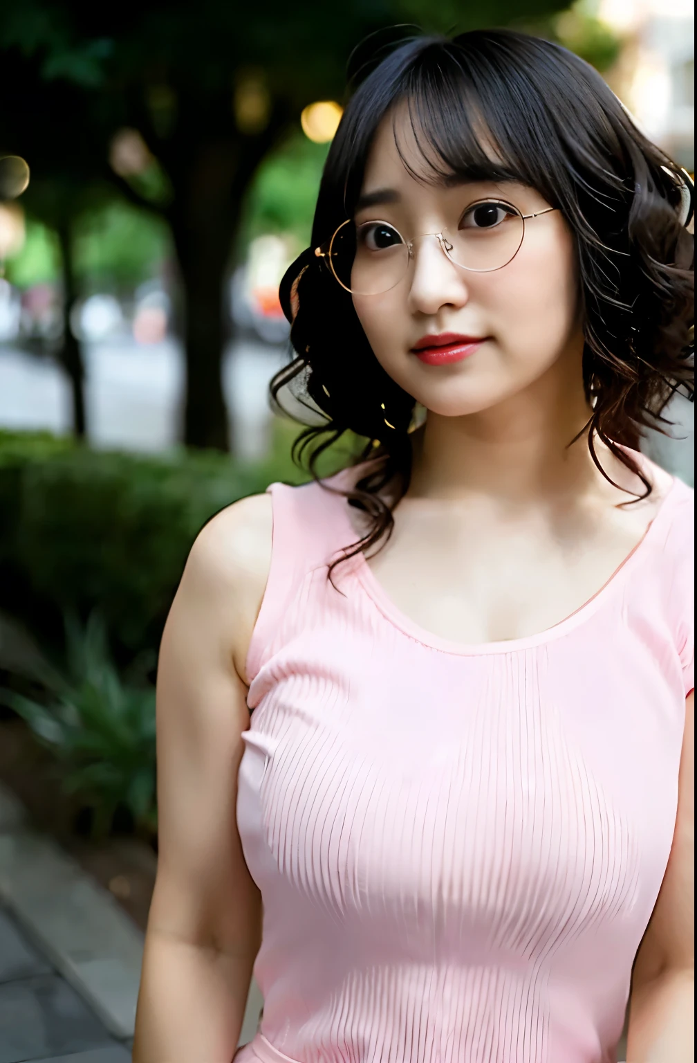 ​masterpiece, Better Quality, hight resolution, 1 girl,fringe, Curly hair, eye glasses,Camisole,pink color clothes,lightly dressed,Chest emphasis、In the street,Diameter chest, very big breast, happily face, sweat drop,(huge-breasted:1.2),Waki,Highly exposed, nsfw, 