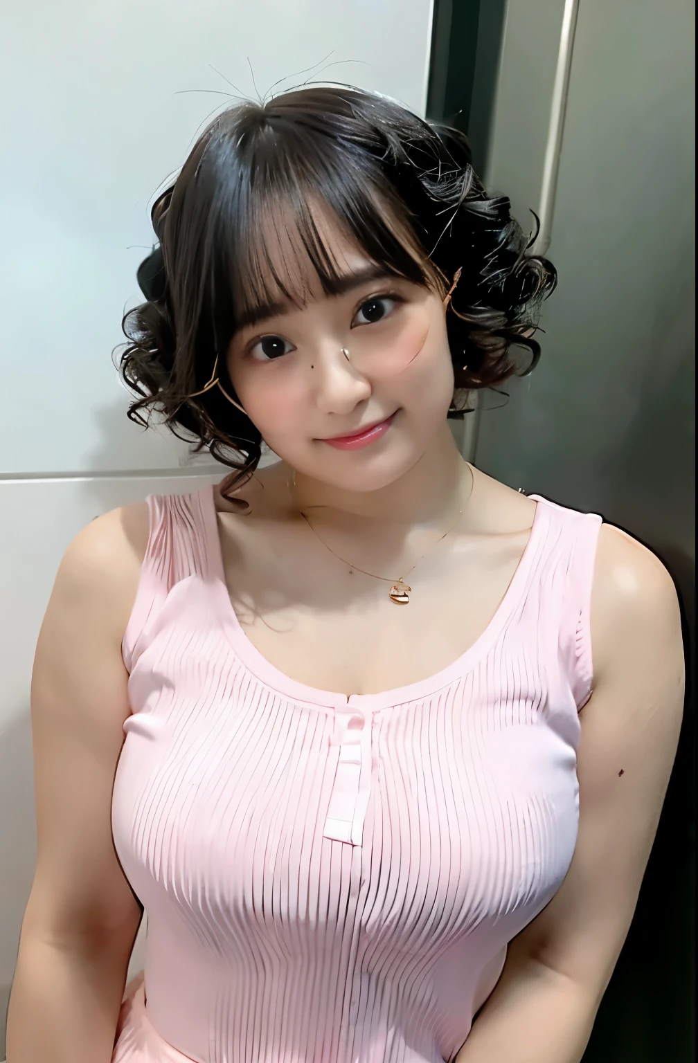 ​masterpiece, Better Quality, hight resolution, 1 girl,fringe, Curly hair, eye glasses,Camisole,pink color clothes,lightly dressed,Chest emphasis、In the street,Diameter chest, very big breast, happily face, sweat drop,(huge-breasted:1.2),Waki,Highly exposed, nsfw, 