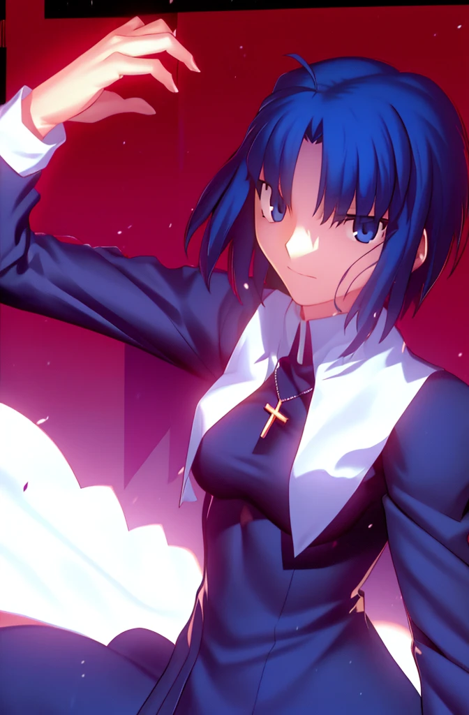 (best quality, 4k, 8k, highres,m asterpiece:1.2), (ultra-detailed:1.6), slender figure, (soft, delicate features:1.1), (vivid colors), ciel_(tsukihime), cowboy shot, 1girl, solo, (long sleeves black dress;1.4), chain, habit open, sad, looking at viewer, antenna hair, (ahoge:1), closed mouth, fingernails, breasts, medium breasts, cross, latin cross, cross, holding, necklace, nun, symmetrical, serious, (Shadowed:1.5)

