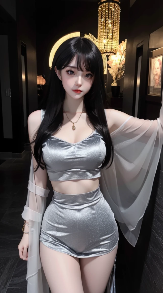 8k, Surreal, masterpiece, 最好of品质, Super detailed, high resolution, random background, 1 girl, (:1.5), Willow Yao, wide hips, knees, night , of, necklace