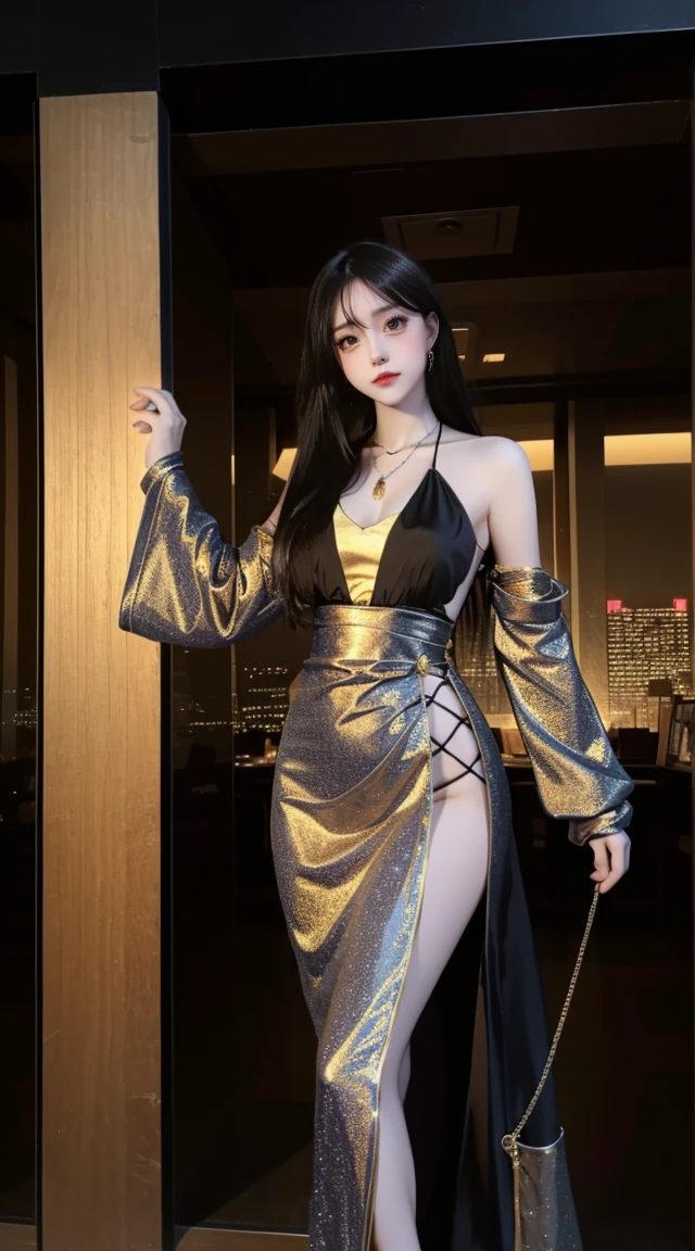 8k, Surreal, masterpiece, 最好of品质, Super detailed, high resolution, random background, 1 girl, (:1.5), Willow Yao, wide hips, knees, night , of, necklace