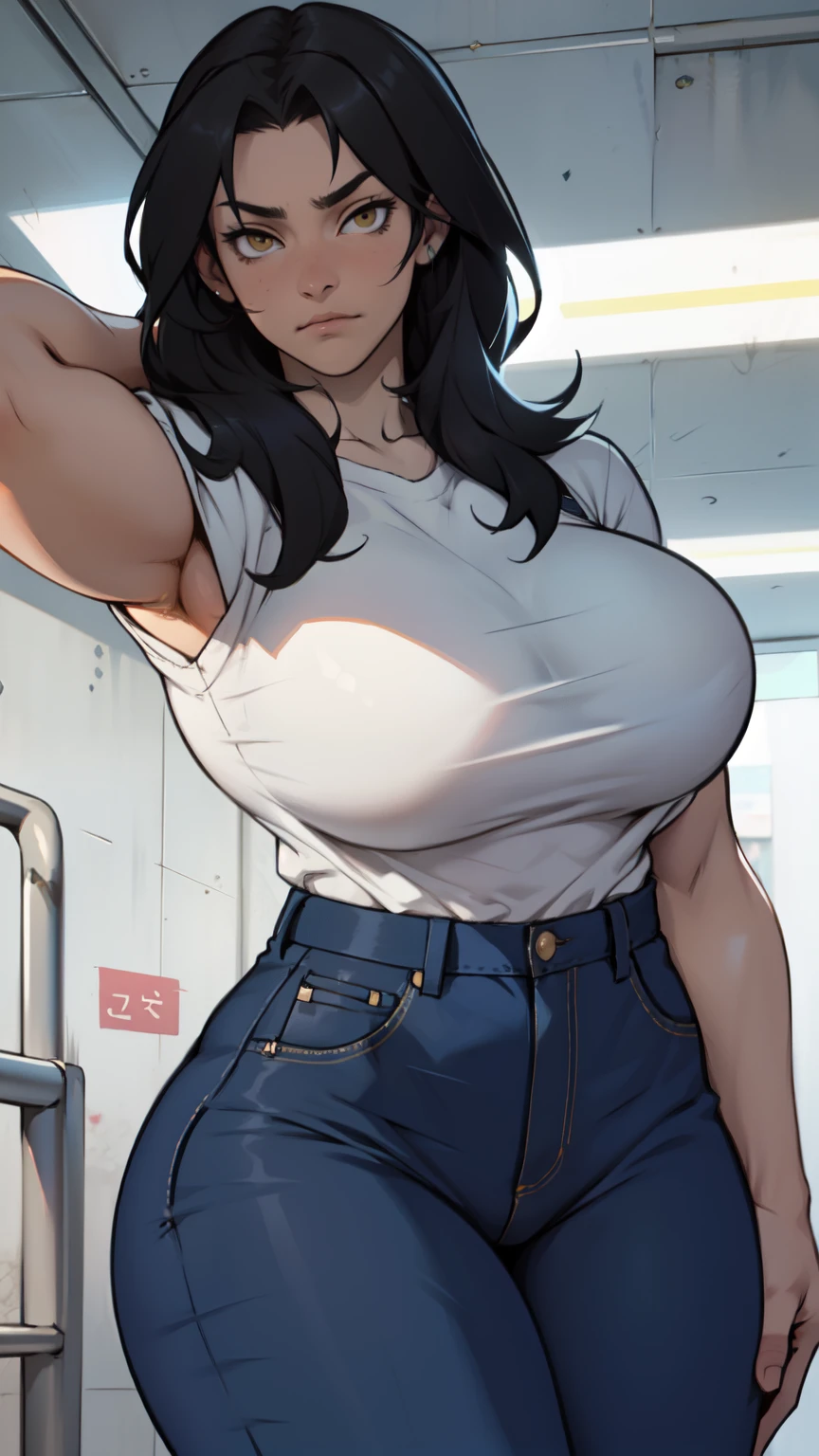 pale girl muscular girl huge breasts black hair yellow eyes expressionless sad