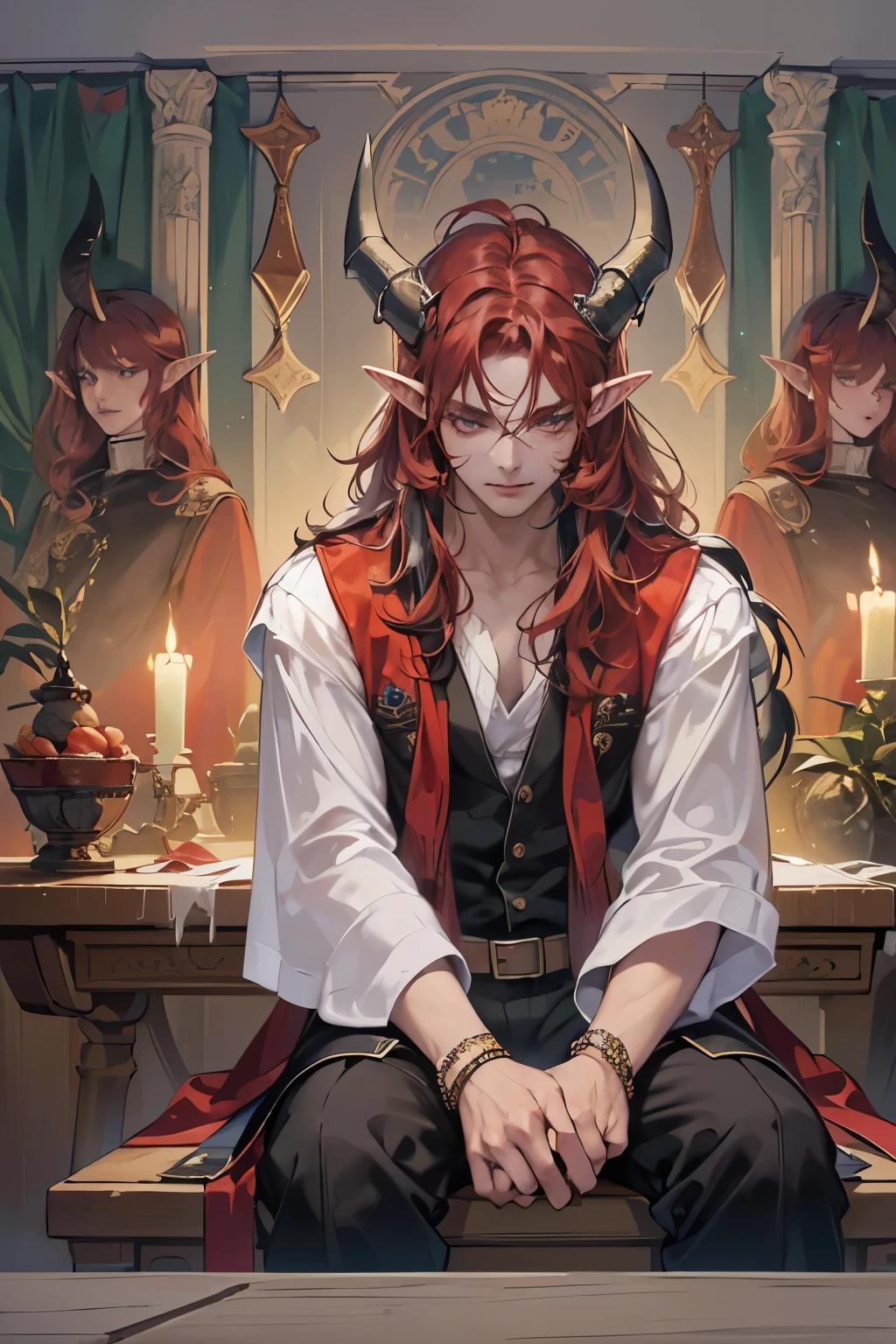 (table top, digital art, digital illustration, 4K, 8K, super detailed, beautiful images, clear image, realistic, RAW photo, perfect face, perfect lines, perfect eyes, soft lighting) 1 male human, (Red hair、long hair、amber eyes,messy hair、Bullish look,Smile confidently、Demons、Two black horns grow from its head.、Pointed elf-like ears、32 years old:1.3),ハンサムなmale性, (White t-shirt with dowel dowel、vest、muscular、Thin macho,Firm shoulder width, male:1.2),Sit on a throne with your legs crossed、The king、Demon King、hair fluttering in the wind、Sunburned healthy skin、desert oasis