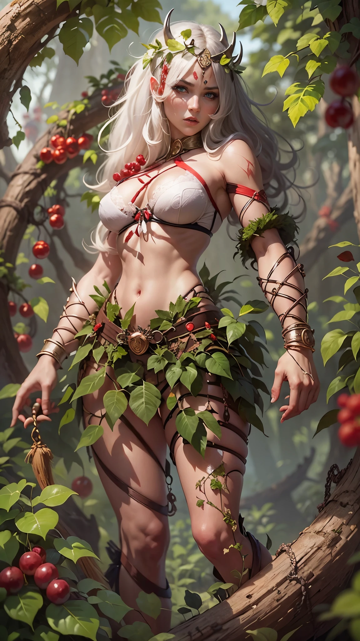  Barbarian woman, tuga of vines and vines, bra of vines and vines, albino, bright red eyes