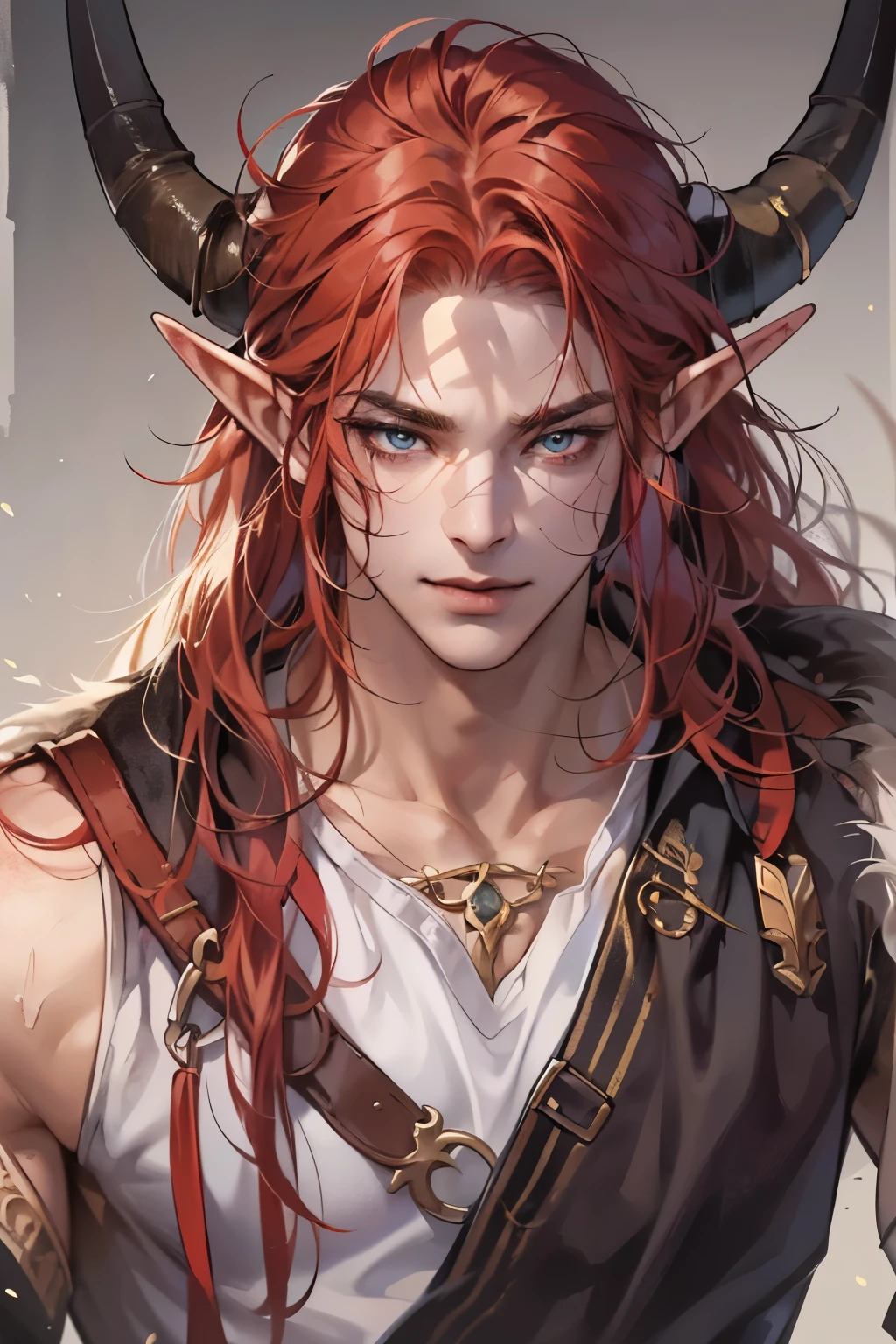 (table top, digital art, digital illustration, 4K, 8K, super detailed, beautiful images, clear image, realistic, RAW photo, perfect face, perfect lines, perfect eyes, soft lighting) 1 male human, (Red hair、long hair、amber eyes,messy hair、Bullish look,Smile confidently、Demons、Two black horns grow from its head.、Pointed elf-like ears、32 years old:1.3),ハンサムなmale性, (White t-shirt with dowel dowel、vest、muscular、Thin macho,Firm shoulder width, male:1.2),Sit on a throne with your legs crossed、The king、Demon King、hair fluttering in the wind、Sunburned healthy skin、desert oasis