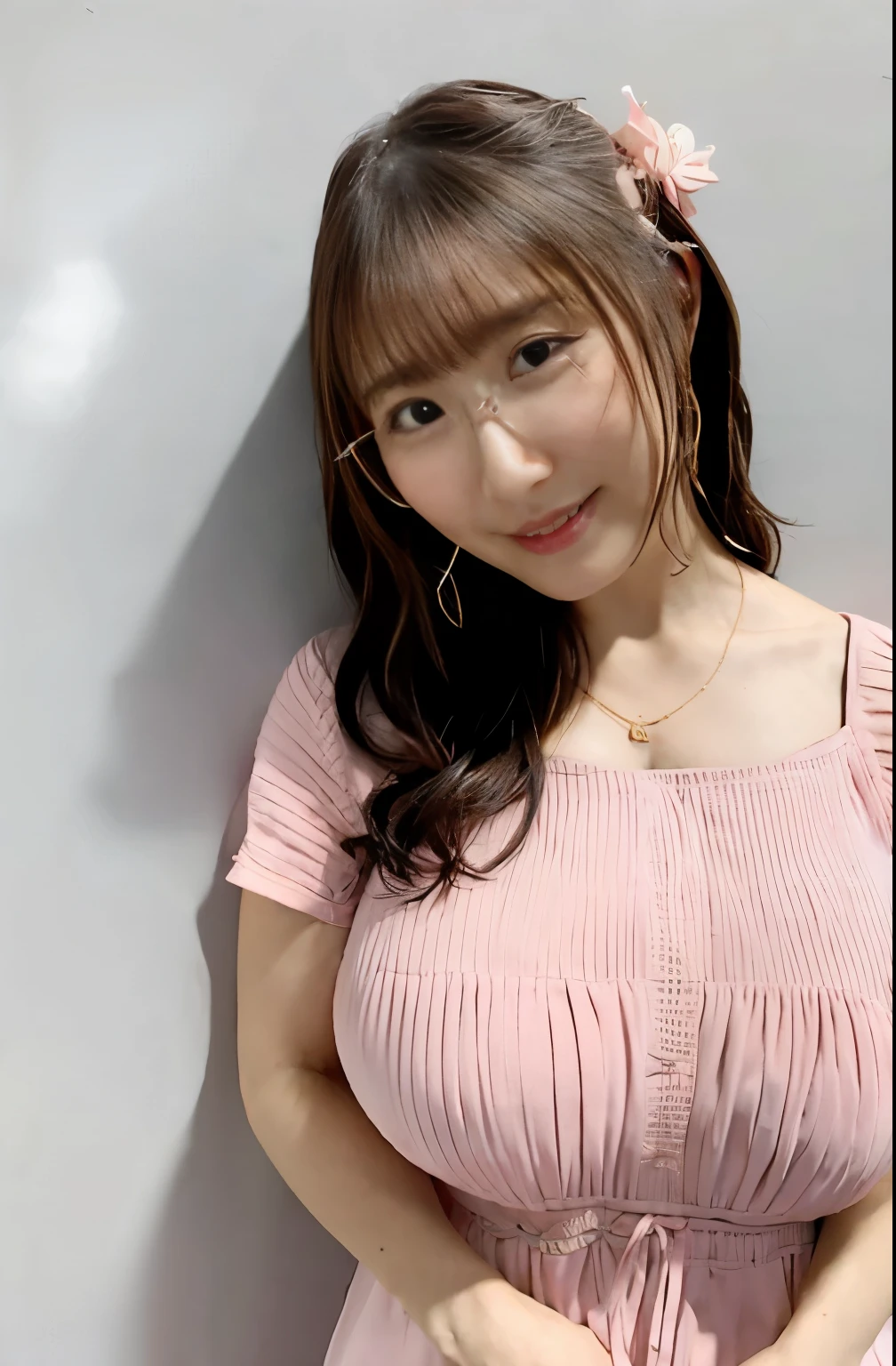 ​masterpiece, Better Quality, hight resolution, 1 girl,fringe, Curly hair, eye glasses,Camisole,pink color clothes,lightly dressed,Chest emphasis、In the street,Diameter chest, very big breast, happily face, sweat drop,(huge-breasted:1.2),Waki,Highly exposed, nsfw, 