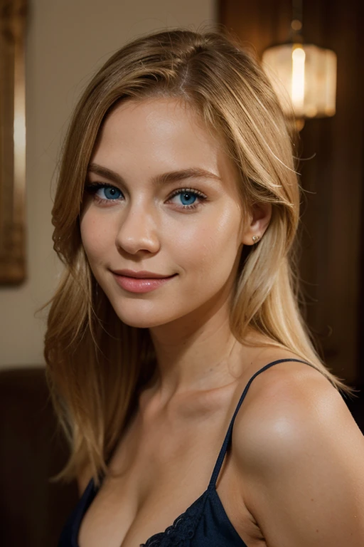Young woman, blond, blue eyes, smiling, elegant, mysterious expression, sexy, realistic style