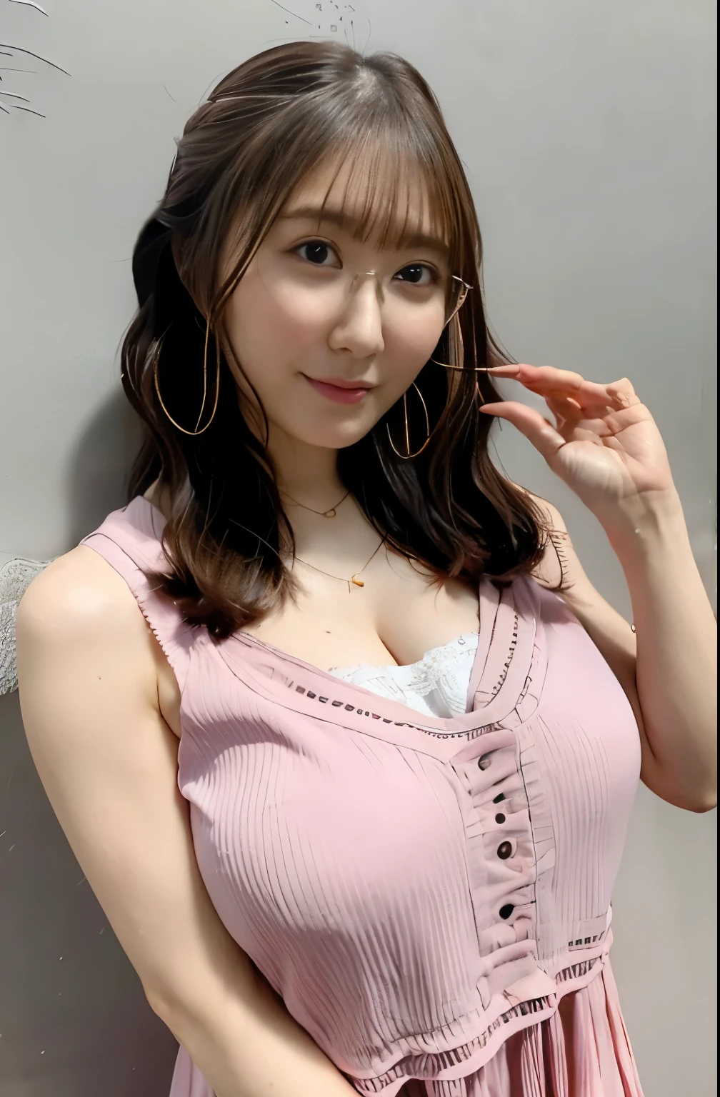 ​masterpiece, Better Quality, hight resolution, 1 girl,fringe, Curly hair, eye glasses,Camisole,pink color clothes,lightly dressed,Chest emphasis、In the street,Diameter chest, very big breast, happily face, sweat drop,(huge-breasted:1.2),Waki,Highly exposed, nsfw, 