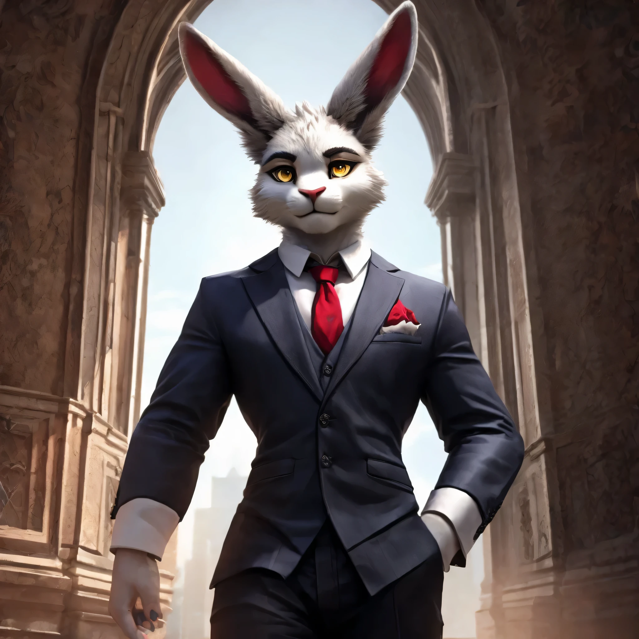 3D render, male, solo, rabbit, full body, toned, Delicate face, Delicate eyes, realistic, masterpiece, highest quality, lens flare, unreal engine, trending on ArtStation, Intricate, High Detail, dramatic, realism, realistic, standing, furry, day, looking_at_viewer, detailed eyes, detailed body, detailed face, bright room, expressive, masculine, devilish smirk) 8k HD, hdr, masterpiece, full body, detailed eyes, yellow eyes, white fur, custom-tailored suits in various shades of black, gray, and deep crimson. His suits are expertly tailored to fit his muscular frame, accentuating his broad shoulders and trim waist. He has a penchant for fashionable accessories, such as silk ties, pocket squares, and shiny cufflinks, which add a touch of sophistication to his overall look. White body
