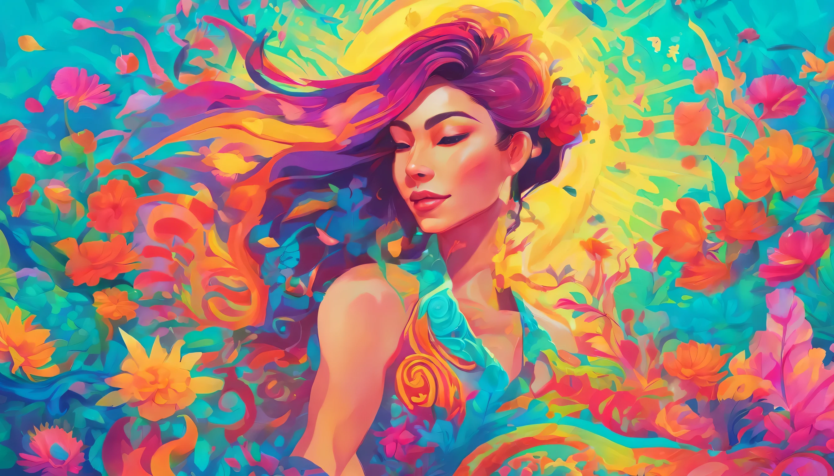 ((top-quality, 8K)), (Realistic), (Face Focus: 1.1), (cyan colors: 1.3), girl, 35 years old, glow effect, eyes closed, frontal photo with his face showing happiness at being able to breathe fresh air in the living room of his house, with lots of plants, flowers, and lush nature with trees in the background, digital painting with vivid colors, cinematic, (Sleeveless: 1.1)、Skirt, D Cup Breasts,Countless petals are falling