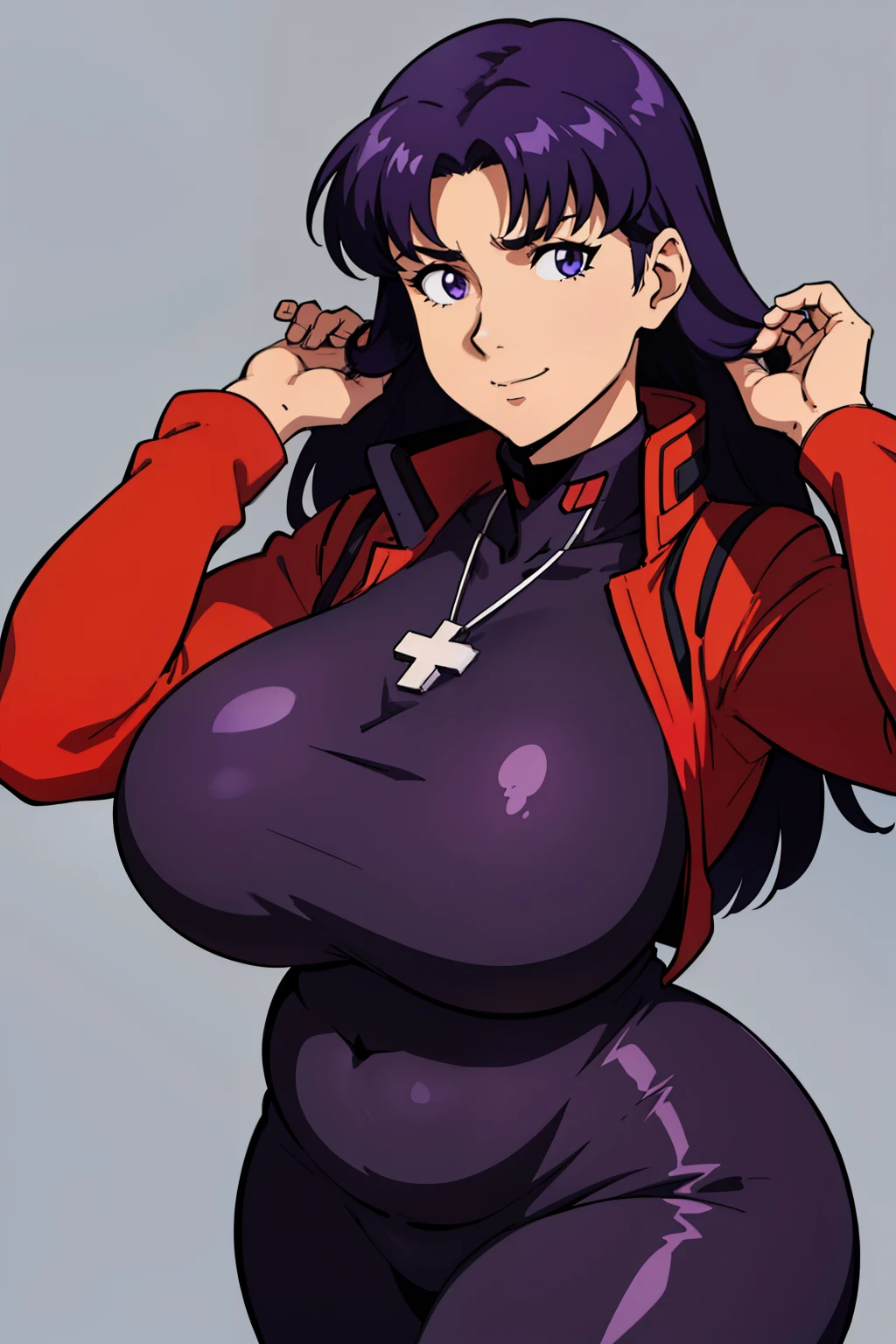 1womanl, Black Bodycon, middlebreast, short black tight dress, brown eyed, (overweight:1.3), Purple hair, Medium Hair, a smile, cross necklace, (((out of breath))), simple background, solo, tall, (obesity:1.4), fat ass, (massive body:1.3), ((fat folds)), ((chubby, fat arms)), huge belly:1.2), (((Misato katsuragi))), NERV, Looking at Viewer, Perfectly detailed face, neon genesis evangelion, Red jacket,