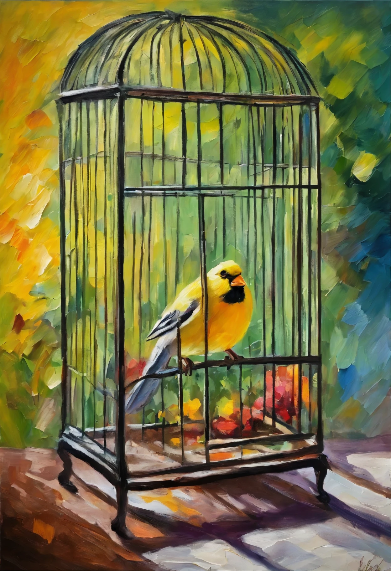 Canary in a cage, garden, lively colours
