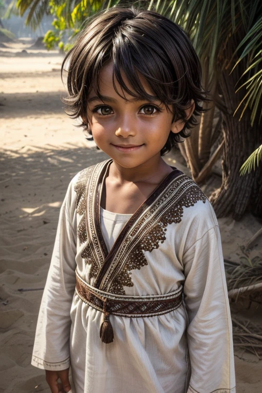 1 child, boy, 7 year old,  dark brown short hair, messy, brown eyes, olive skin, tanned skin, cute smile, wearing tribal white clothes, holding a dagger 