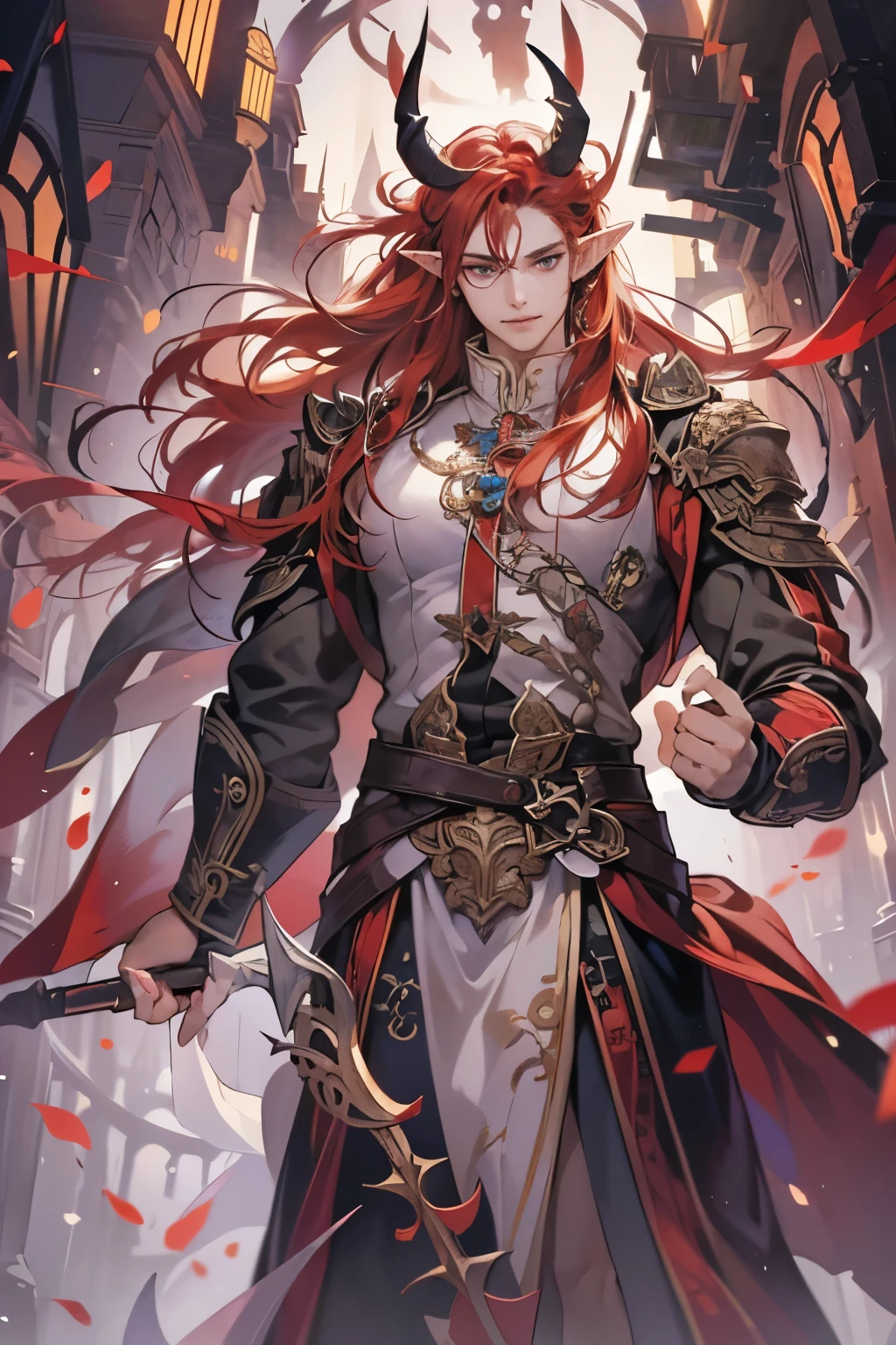 (table top, digital art, digital illustration, 4K, 8K, super detailed, beautiful images, clear image, realistic, RAW photo, perfect face, perfect lines, perfect eyes, soft lighting) 1 male human, (Red hair、long hair、amber eyes,messy hair、Bullish look,Smile confidently、Demons、Two black horns grow from its head.、Pointed elf-like ears、32 years old:1.3),ハンサムなmale性, (White t-shirt with dowel dowel、vest、muscular、Thin macho,Firm shoulder width, male:1.2),Sit on a throne with your legs crossed、The king、Demon King、hair fluttering in the wind、Sunburned healthy skin、desert oasis