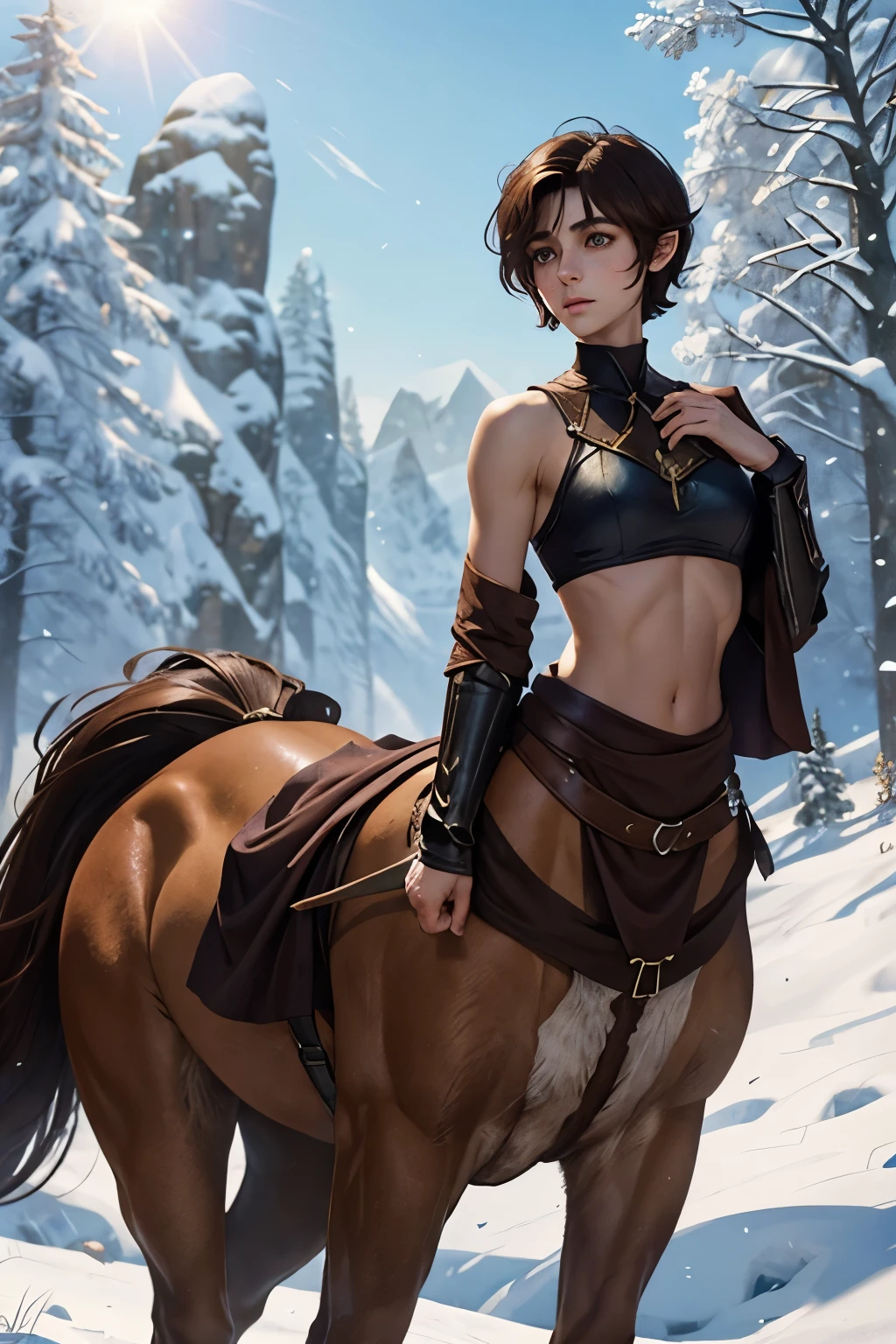 A young androgynous female centaur. Fantasy setting. Very short hair. Short manly haircut. Dark-brown hair with a undercut. Very pale skin with freckles and liverspots. Round soft face. Round soft chin. Round soft cheeks. Curved lips. Long wide nose. Dark brown eyecolour. Upturned eyes. Very thin barely visible eyebrows. Long neck. Slim. Small chest. Centaur under body. Brown fur. Looking kind and friendly. Tomboyish. Wearing a black medieval fantasy bra. In An open field. Its winter but the sun is shining. Blue sky.