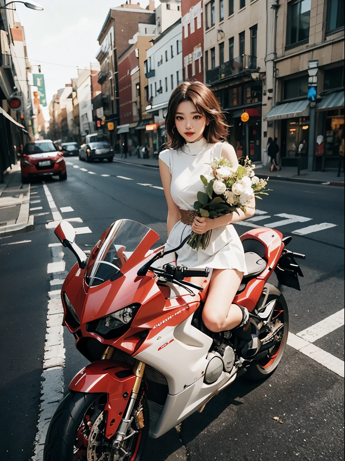 A girl with a big bouquet of flowers and a red motorcycle next to her、Girl is wearing a white dress、white mini skirt、big ducati panigale v4、big Ducati Panigale V4,