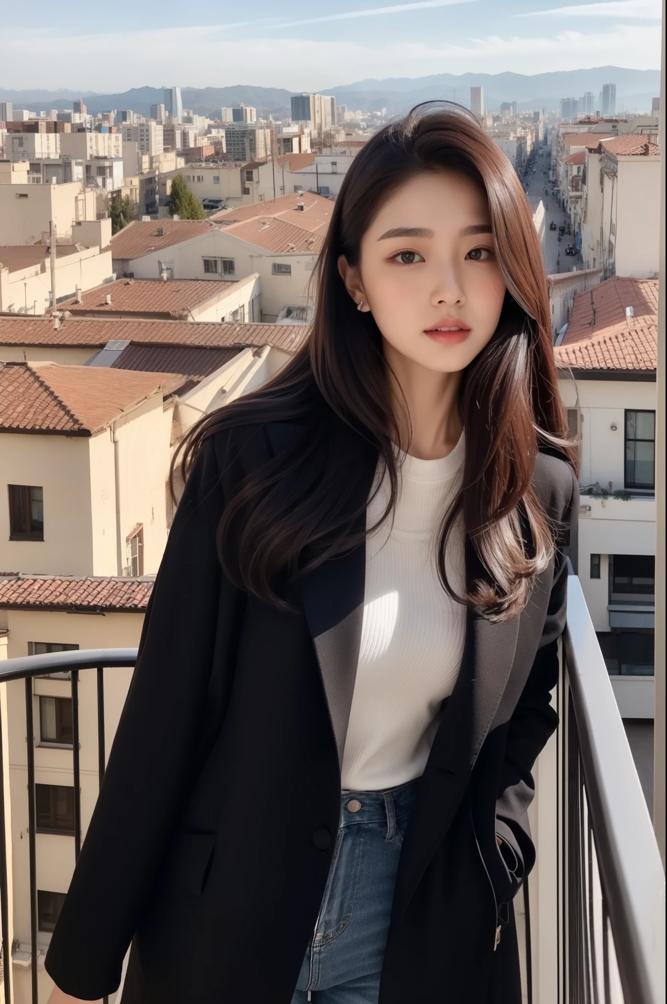 face, dark brown hair, gorgeous, girl, black formal coat  western, top, hot girl, balcony