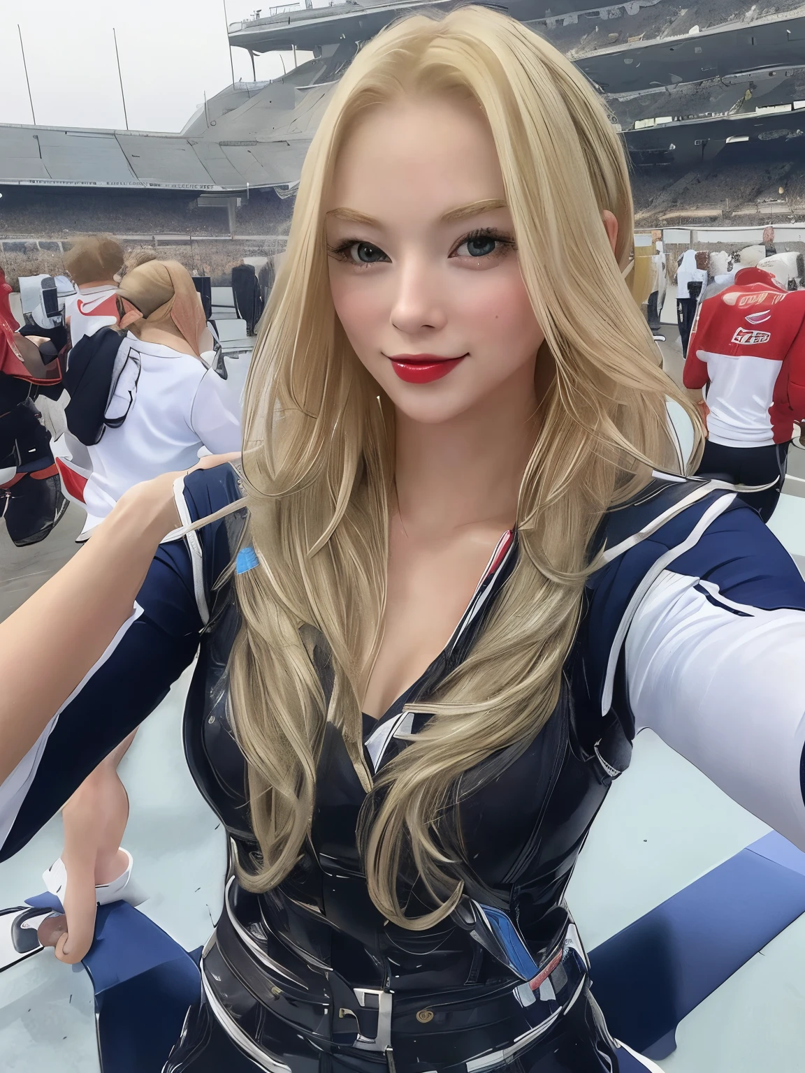 (masterpiece:1.4)、(highest quality:1.4)、
1 girl, Bewitching Grid Girl, blonde long hair, looking at the viewer, solo ,realistic,(shiny skin),(masterpiece:1.4),(highest quality:1.4),red lips,racing venue