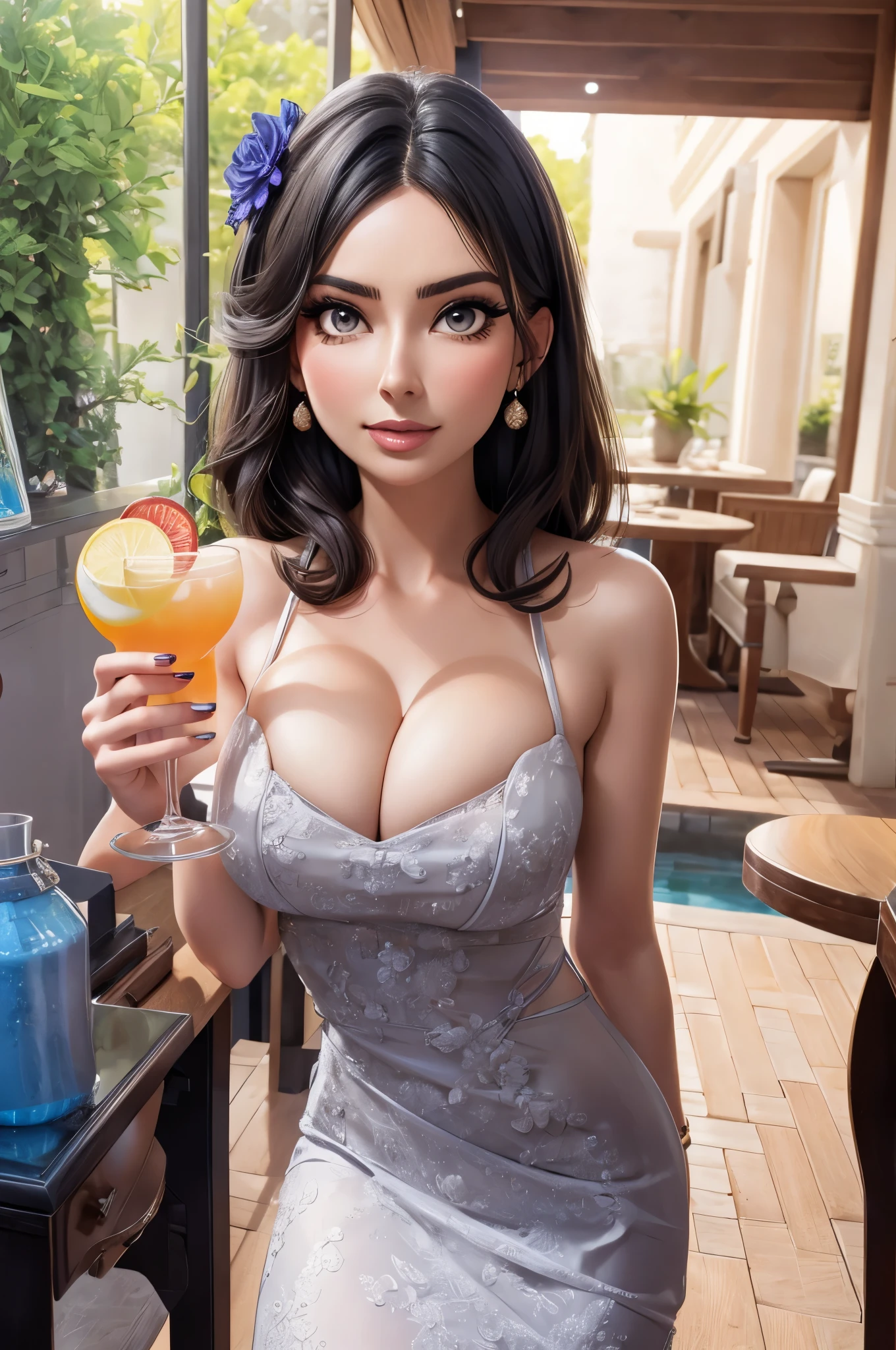 araffe woman in a dress holding a cocktail, beautiful girl, with a drink, tight formfitting dress, a black haired woman, beautiful busty woman, gorgeous lady, young beautiful amouranth, 3 0 years old woman, 30 years old woman, 