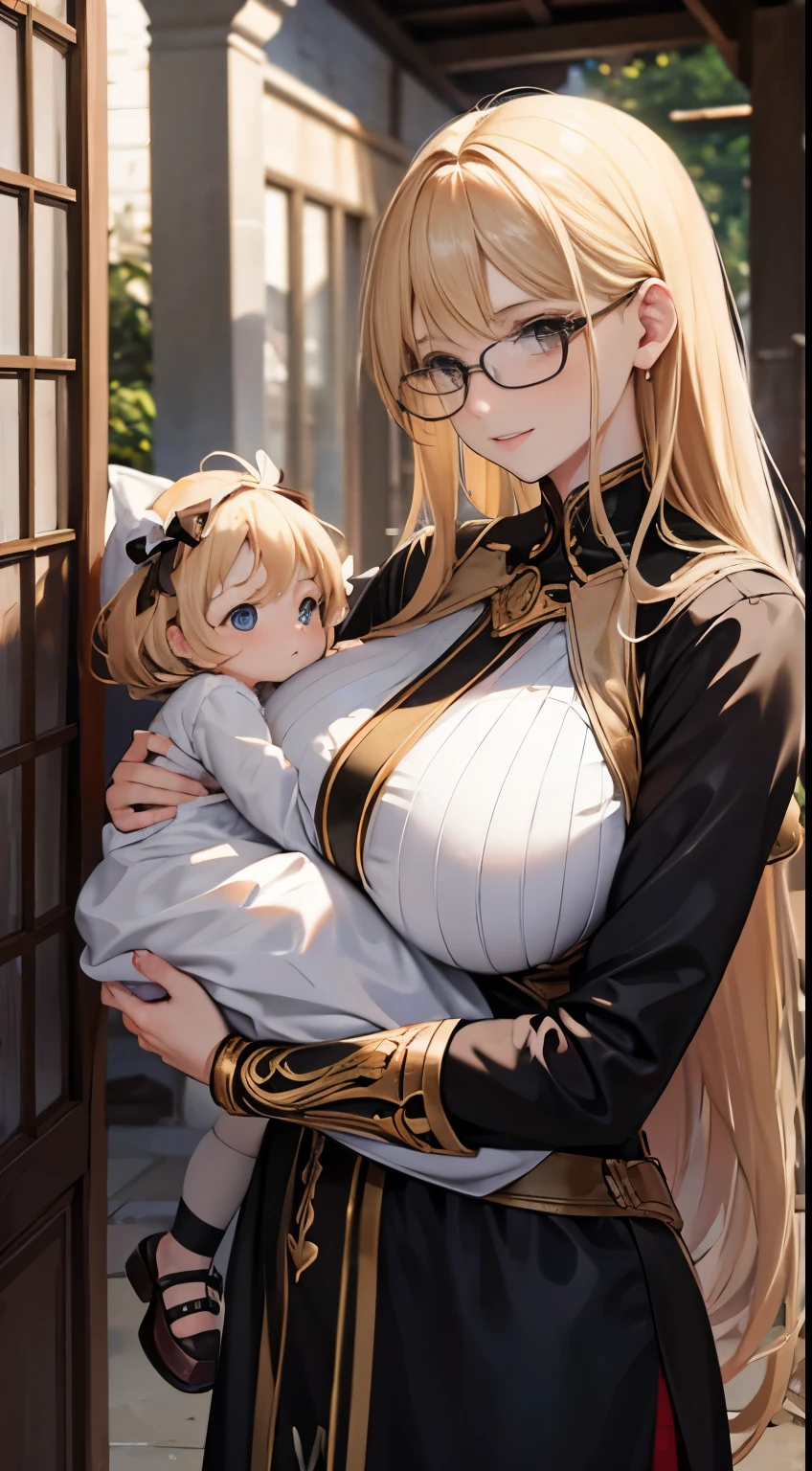 A mother holding her baby. The mother has large breasts and blonde hair as well as golden eyes. The baby has white brown hair. The mother wears glasses.