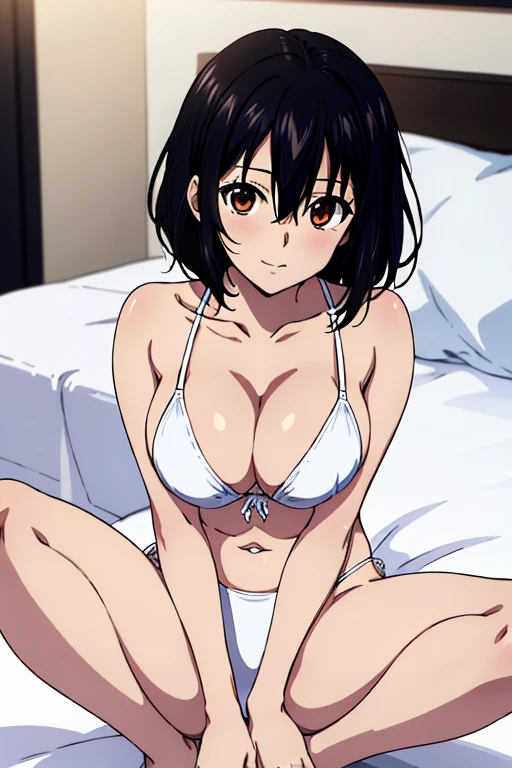 highest quality, masterpiece,  Cherry 1, light smile,, looking at the viewer,super high quality,sharp outline,raise one leg,open your mouth,White Bikini,Excessive exposure,cleavage,spread your legs,Yukina Hiiragi,Sitting in bed,black hair,short hair,