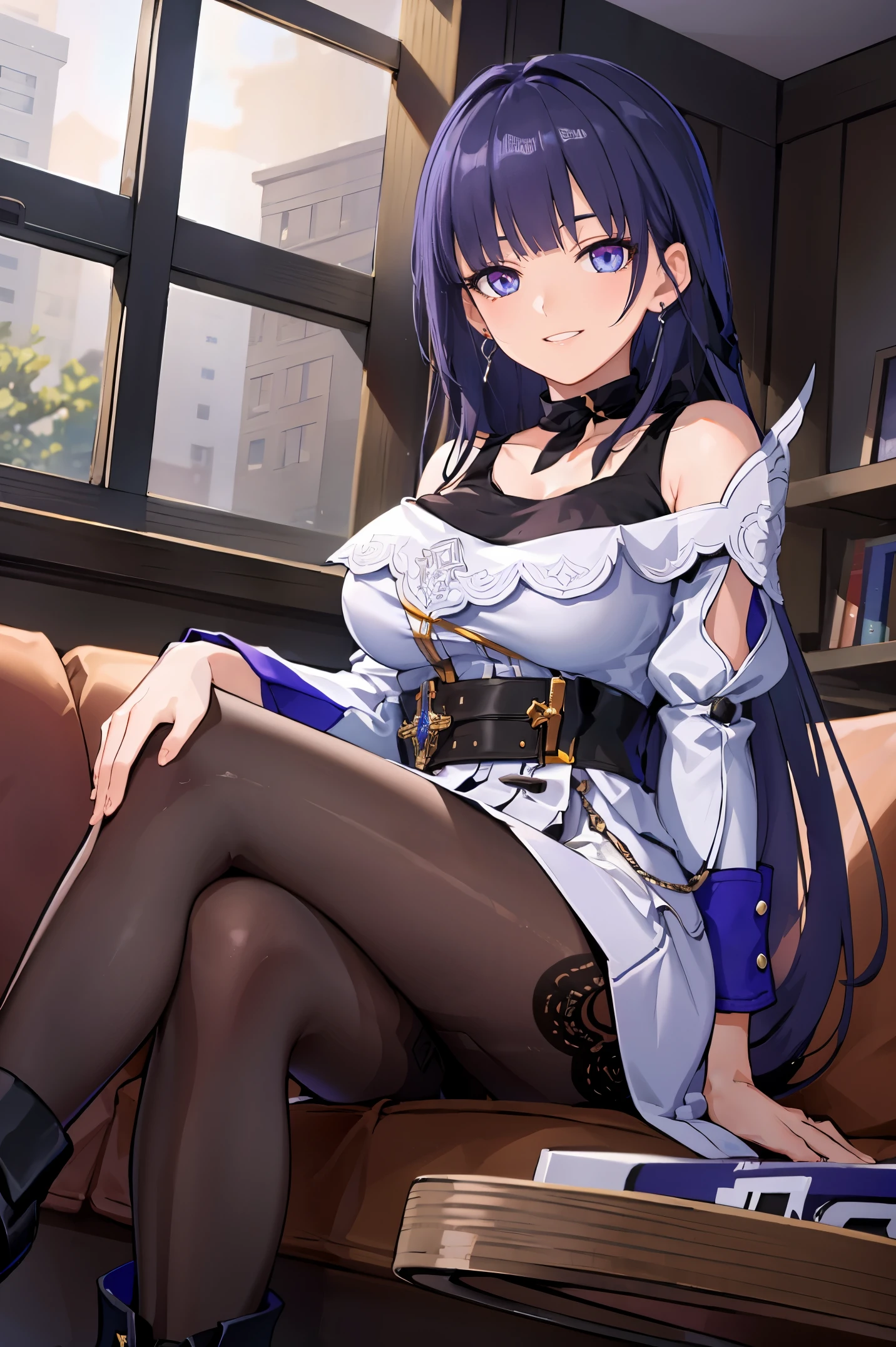 masterpiece:1.2, best quality, ((ultra detailed)), high resolution, 2d, anime style , photo, photography, detailed background,1girl, raiden mei, (pantyhose), boots,cowboy shot, looking at viewer,light smile, earrings, dress, choker, tank top, sitting, crossed legs, from below, on couch, windows, living room,