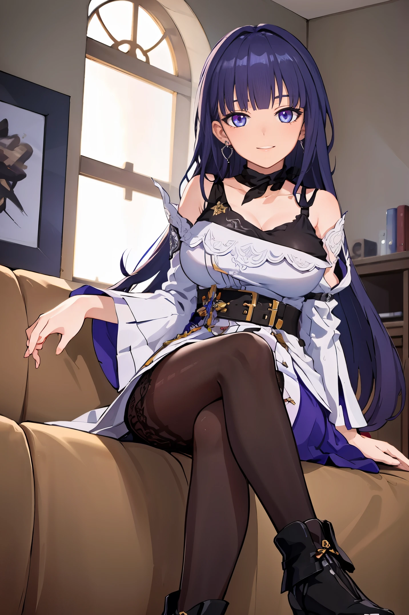 masterpiece:1.2, best quality, ((ultra detailed)), high resolution, 2d, anime style , photo, photography, detailed background,1girl, raiden mei, (pantyhose), boots,cowboy shot, looking at viewer,light smile, earrings, dress, choker, tank top, sitting, crossed legs, from below, on couch, windows, living room,