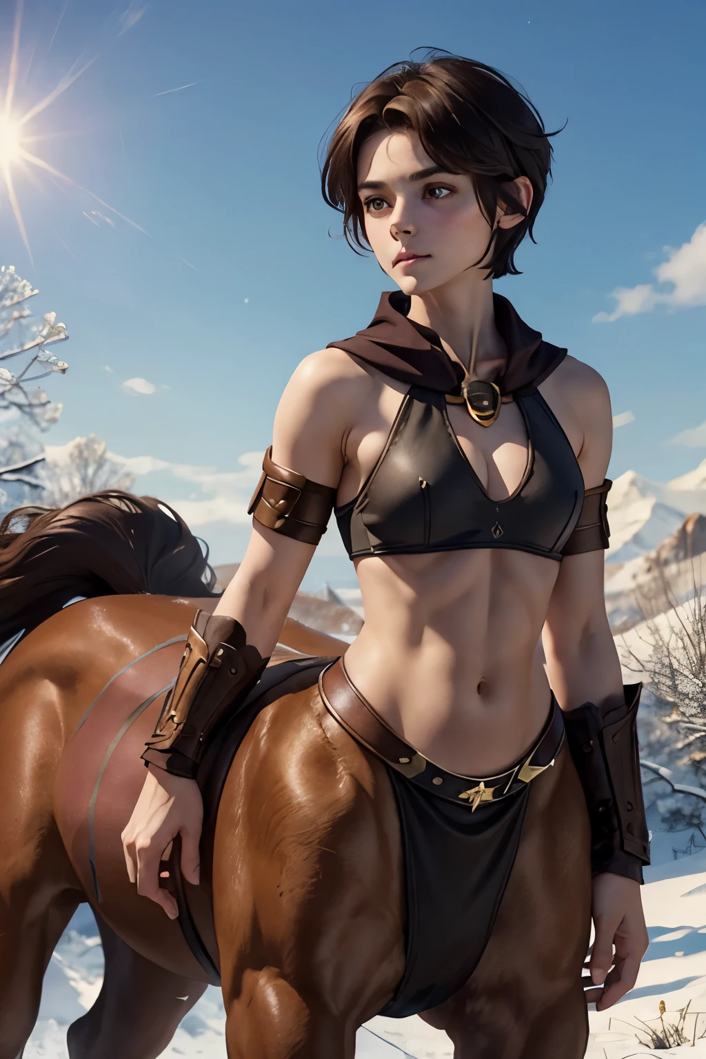 A young androgynous female centaur. Fantasy setting. Very short hair. Short manly haircut. Dark-brown hair with a undercut. Very pale skin with freckles and liverspots. Round soft face. Round soft chin. Round soft cheeks. Curved lips. Long wide nose. Dark brown eyecolour. Upturned eyes. Very thin barely visible eyebrows. Long neck. Slim. Small chest. Centaur under body. Brown fur. Looking kind and friendly. Tomboyish. Wearing a black medieval fantasy bra. In An open field. Its winter but the sun is shining. Blue sky.
