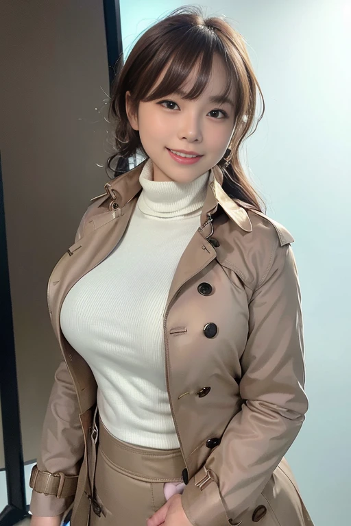 (((Brown trench coat、white turtleneck and skirt:1.2))),she looks about .,(very huge boobs:1.2)spread one&#39;s chest,(((brown hair tied back、wearing a sling))),baby face,Hecm,best quality,anatomically correct, cinematic lighting,textured white skin,dynamic light and shadow,high resolution, realistic student, Raw photo, best quality,(Reality,Raw photo,portrait photography,japanese)(8K, super high resolution, top quality, muste piece: 1.2), (Reality, It&#39;s photorealistic: 1.4),(((With a cute smile:1.3)))((()))(((solo girl,)))short hair, White beautiful breasts iR,large breasts,{{{very shiny skin}}}{{{sweat drop}}}(((best quality))), ((Super detailed:1.2))(muste piece:1.1)((()))((((I work as a newscaster in a television station studio.:1.2))))(((clear background, :1.2)))