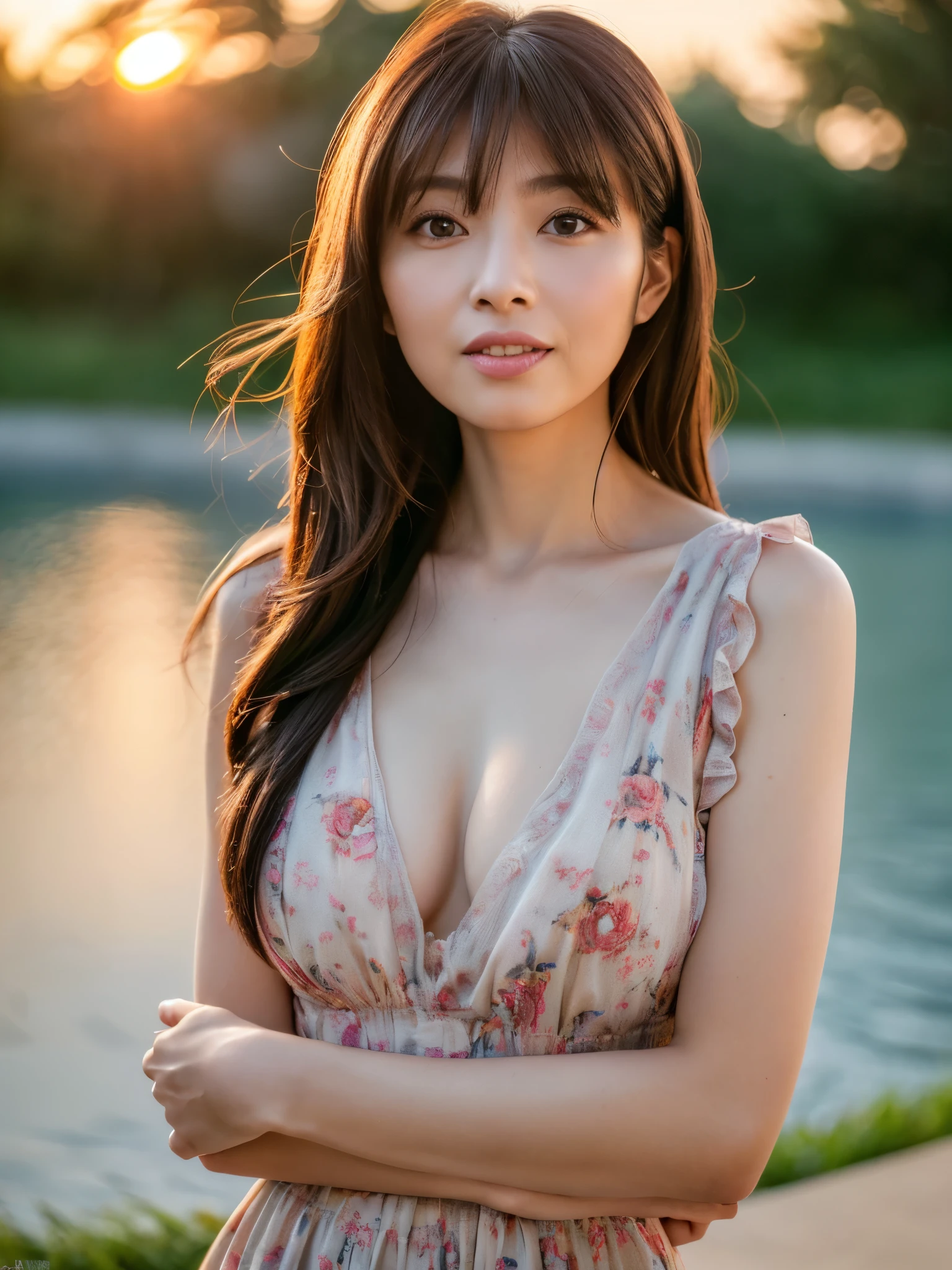 1 Japanese lady, 40 years old, Extremely beautiful, (Extremely cute), (extremely detailed beautiful face), Amazing face and eyes, rather dense hair, various hair style, slightly brighter eyes, normal makeup, (Mini dress with camisole), (Best Quality:1.4), (Ultra-detailed), extremely detailed CG unified 8k wallpaper, A hyper-realistic, (Photorealsitic:1.4), Raw photography, professional photograpy, Cinematic lighting, Realistic portrait, ((Bokeh)), (depth of fields:1.4), (View photographer:1.3), (in a Park with a pond), Small breasts, extremely thin waist, (full body Esbian), Accurate eyes, Beautiful mouth, (Keep your mouth completely closed), (early evening:1.3), (look at a camera), (brilliant sunset:1.25), no sleeves, Melancholy look