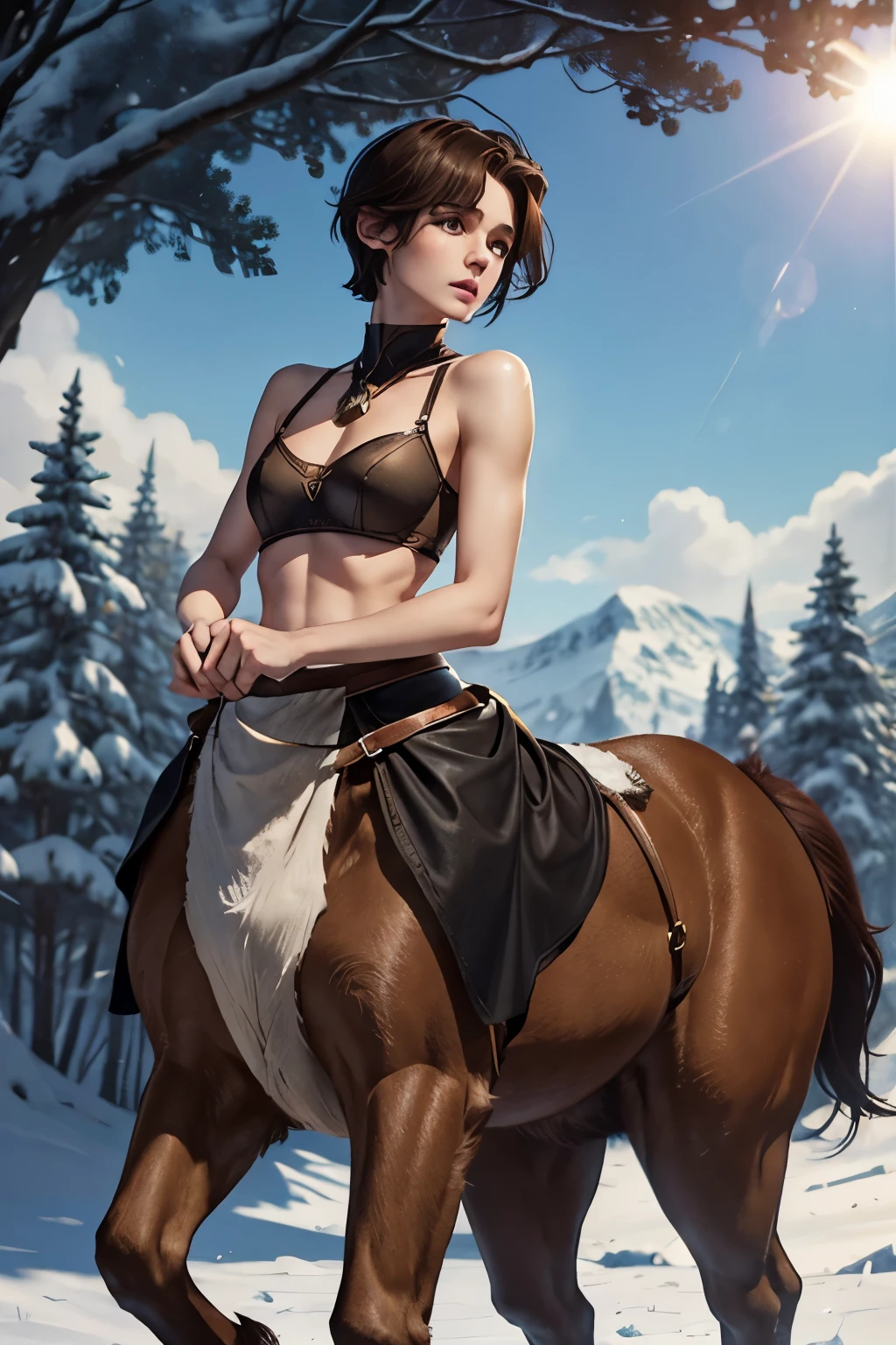 A young androgynous female centaur. Fantasy setting. Very short hair. Short manly haircut. Dark-brown hair with a undercut. Very pale skin with freckles and liverspots. Round soft face. Round soft chin. Round soft cheeks. Curved lips. Long wide nose. Dark brown eyecolour. Upturned eyes. Very thin barely visible eyebrows. Long neck. Slim. Small chest. Centaur under body. Brown fur. Looking kind and friendly. Tomboyish. Wearing a black medieval fantasy bra. In An open field. Its winter but the sun is shining. Blue sky.
