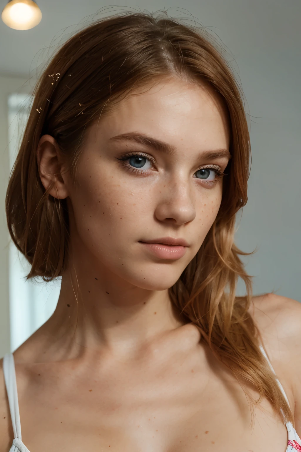 create photographs of a 23 years old girl, scandinavian appearance, A hyper-realistic, film camera, bedroom photo, Focus on the perfect face,, athletic physique, high cheekbones, flawless complexion, light blue eyes, full lips, chiseled jawline, strawberry blonde hair, detailed face, posing, looking at a camera and showing interest, extremely detailed CG unified 8k, freckles