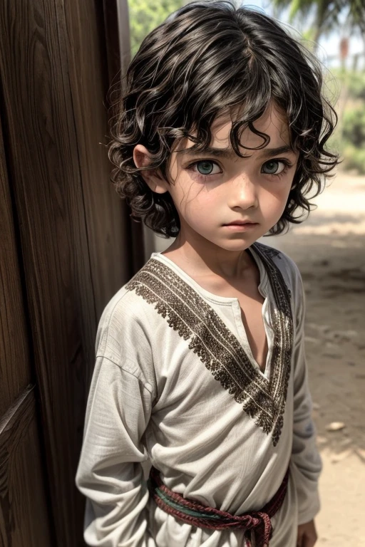 1 , boy, 10 yek brown short hair, wavy messy hair, light green eyes, white skin, wearing tribal white clothes, shy eyes