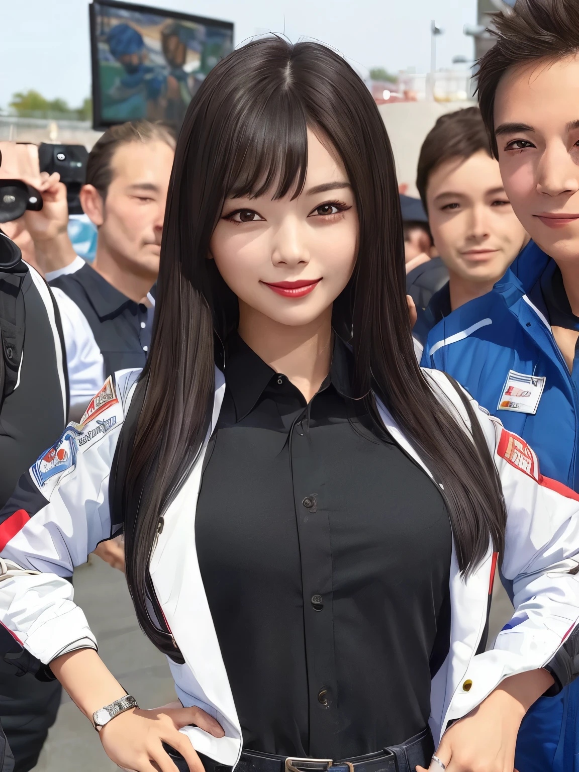 (masterpiece:1.4)、(highest quality:1.4)、
1 girl, Bewitching Grid Girl, long black hair, looking at the viewer, solo ,realistic,(shiny skin),(masterpiece:1.4),(highest quality:1.4),red lips,racing venue、25 years old