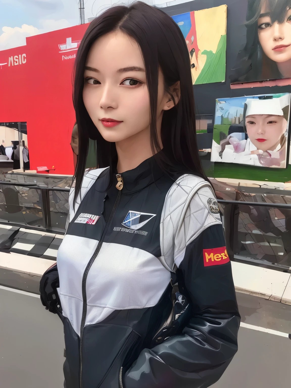 (masterpiece:1.4)、(highest quality:1.4)、
1 girl, Bewitching Grid Girl, long black hair, looking at the viewer, solo ,realistic,(shiny skin),(masterpiece:1.4),(highest quality:1.4),red lips,racing venue、25 years old