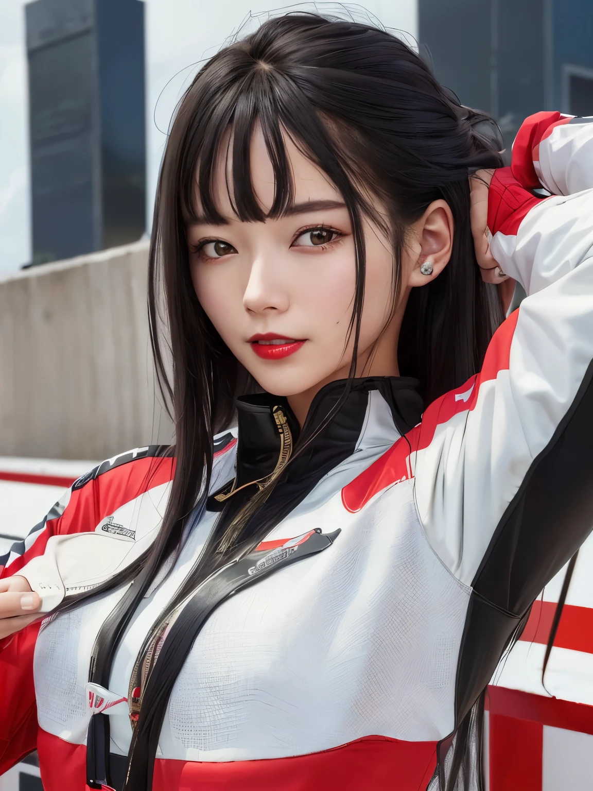 (masterpiece:1.4)、(highest quality:1.4)、
1 girl, Bewitching Grid Girl, long black hair, looking at the viewer, solo ,realistic,(shiny skin),(masterpiece:1.4),(highest quality:1.4),red lips,racing venue、25 years old