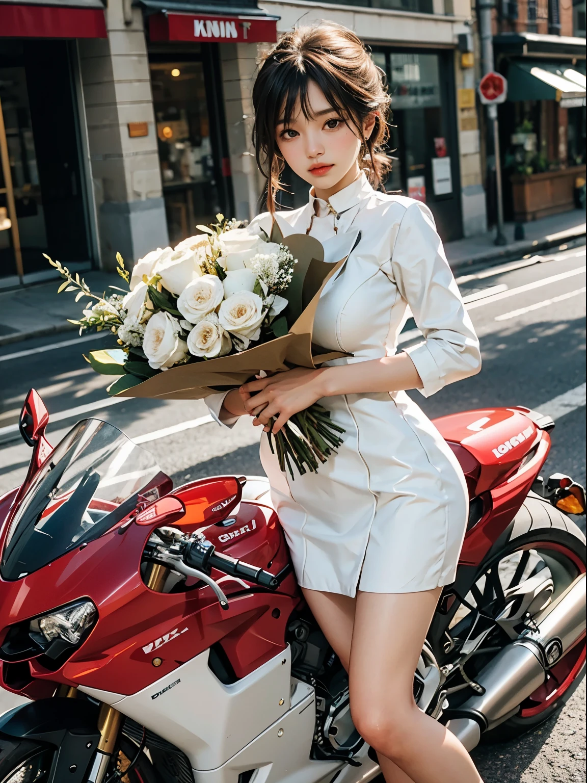 A girl with a big bouquet of flowers and a big red motorcycle next to her、Girl is wearing a white dress、white mini skirt、big ducati panigale v4、big Ducati Panigale V4,