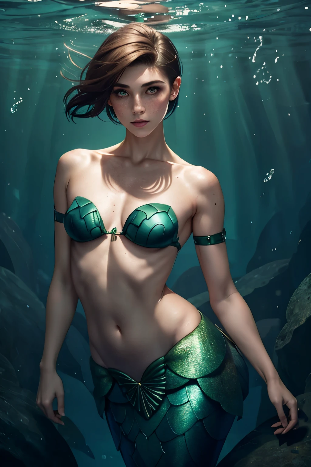 A young androgynous female mermaid. Fantasy setting. Very short hair. Short manly haircut. Dark-brown hair with a undercut. Very pale skin with freckles and liverspots. Round soft face. Round soft chin. Round soft cheeks. Curved lips. Long wide nose. Dark brown eyecolour. Upturned eyes. Very thin barely visible eyebrows. Long neck. Slim. Small chest. Mermaid under body. Green under body. Looking kind and friendly. Tomboyish. Wearing a green bikini top. Under water winter.