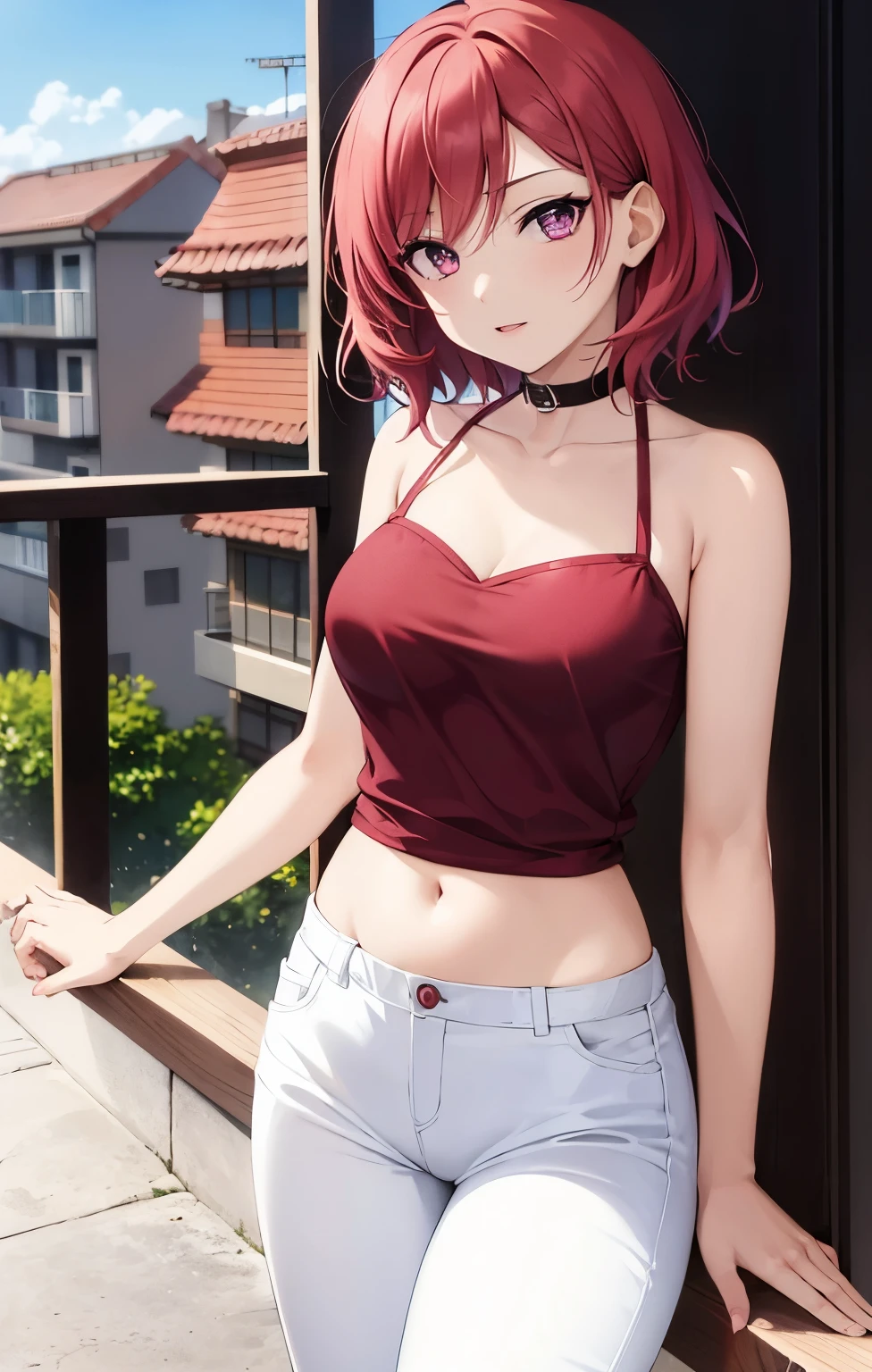 Nishikino maki, Purple eyes,((short red hair)), blouse, white pants, (midriff:0.8)balcony,(lips:0.7), llchar