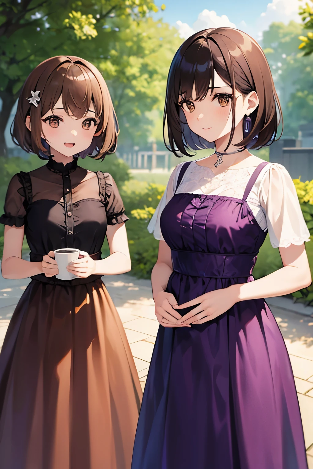 2 girls, brown hair, short hair, brown eyes, wearing long purple dresses