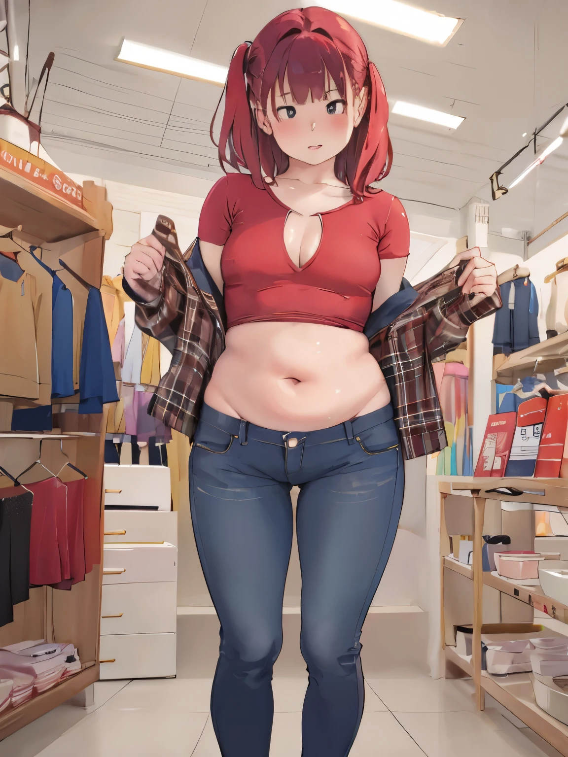 ,illustration of a woman in clothing store, 1990s patterned shirt with sweater jacket, belly folds, belly sticking out above bottoms, tight red jeans, love handles, chubby belly, skinny:1.3, skin indentation, deep skin, best quality, extremely high resolution, sharp focus, dynamic, inside a clothing store (creativity:1.3), (((small chest)))