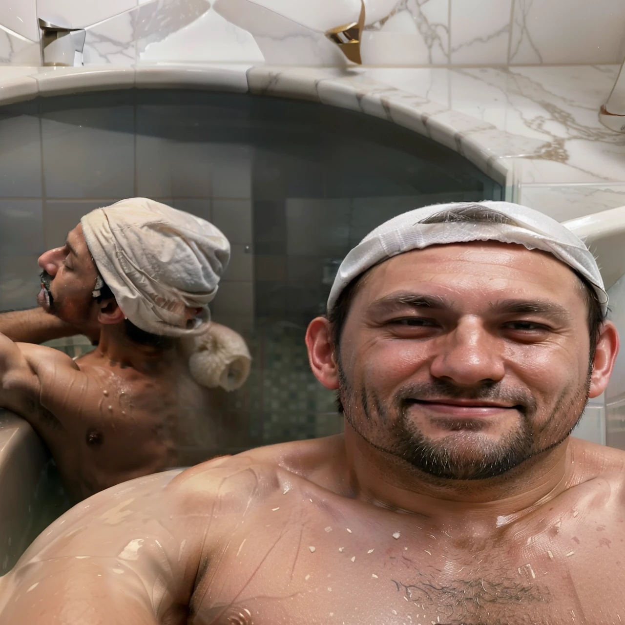 there is a man with a hat on in a bathtub, 3 , 45 years old men, selfie of a man, profile image, 3 2 years old old man, 38 years old, sweaty and gross pioneer work, taken in the early 2020s, aged 4 0, profile photo, wearing a white bathing cap