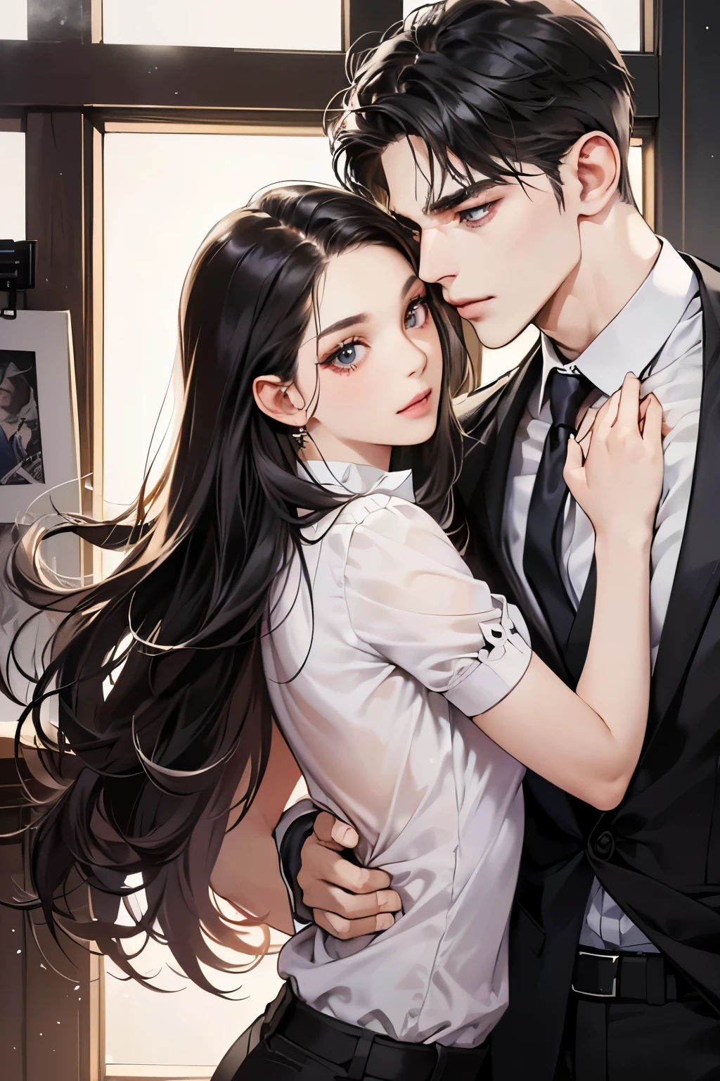 (table top, digital art, digital illustration, 4K, 8K, super detailed, beautiful images, clear image, realistic, RAW photo, perfect face, perfect lines, perfect eyes, soft lighting) 1 female, (long black hair,straight hair,Bullish gaze,beautiful woman,Solid makeup,23 year old female,small breasts:1.3),secretary, Two handsome men in suits, (human,Men in suits,muscular,Firm shoulder width,adult male,boyish hairstyle,british gentleman&#39;s style,A man in his 30s with a cool expression,28-year-old man with bright smile:1.2),Bright Western-style room、couple dancing、light、country style、k pop dance、sense of rhythm