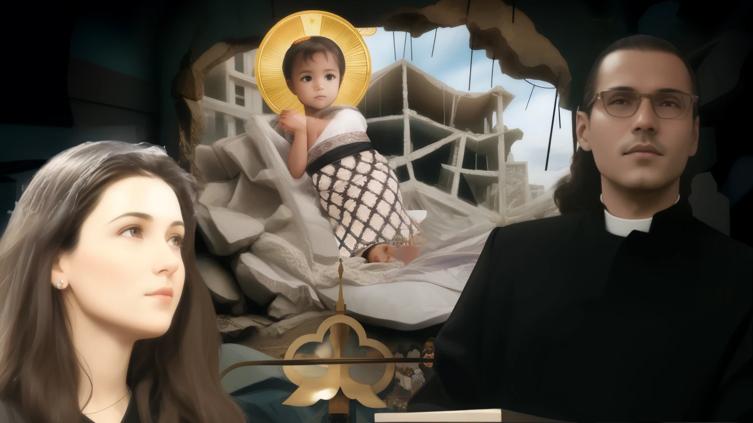 arafed image of a beautiful woman and a pastor in front of a picture of infant Jesus with a halo, an amazing photo, digital collage, next gen, badass composition, innocent look, surreal, religious
