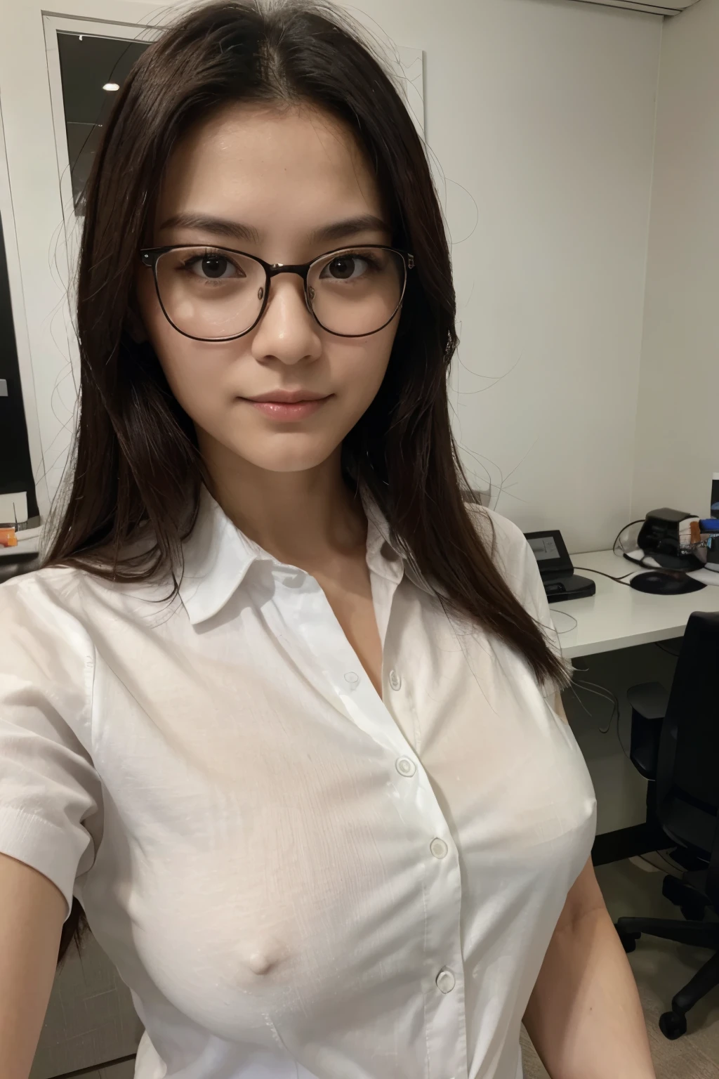 20 years hold hong kong office lady in office, slim, glasses, beautiful face, symmetric face, look at camera, close up selfie, hyper realistic picture, white shirt, small breasts