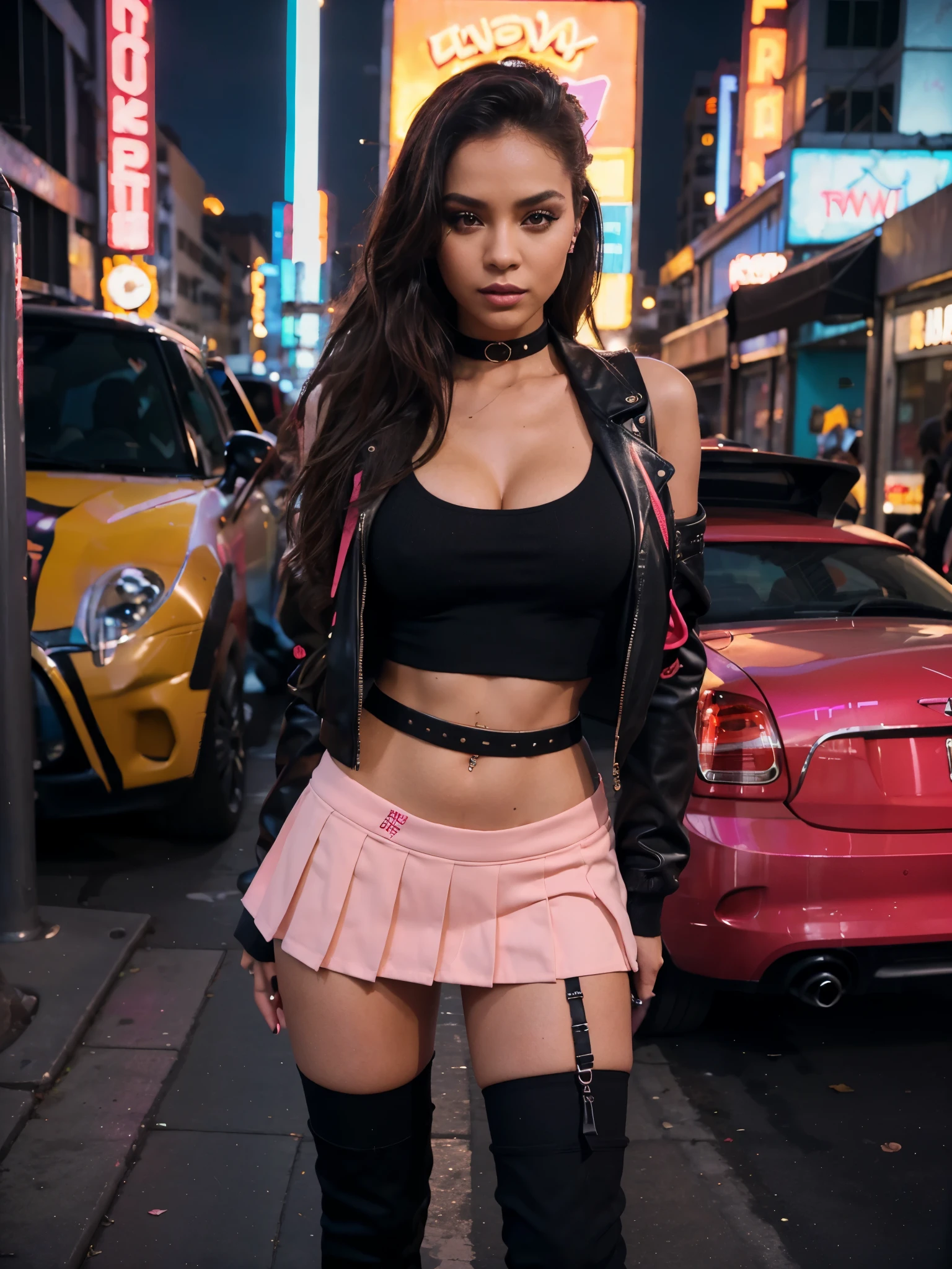 (best quality,ultra-detailed),Horny girl mini skirt,girls in a modern urban setting,pleated mini skirts, thigh-high stockings,heeled boots, low-cut tops, flirtatious poses,confident and seductive expressions, vibrant colors, colorful graffiti in the background, bright neon lights, energetic and dynamic atmosphere, street fashion,provocative fashion trends, urban chic style, urban nightlife,exquisite makeup, long flowing hair,floaty skirts and dancing movement,unapologetic attitude,empowered women,sexual liberation, fierce and bold personalities