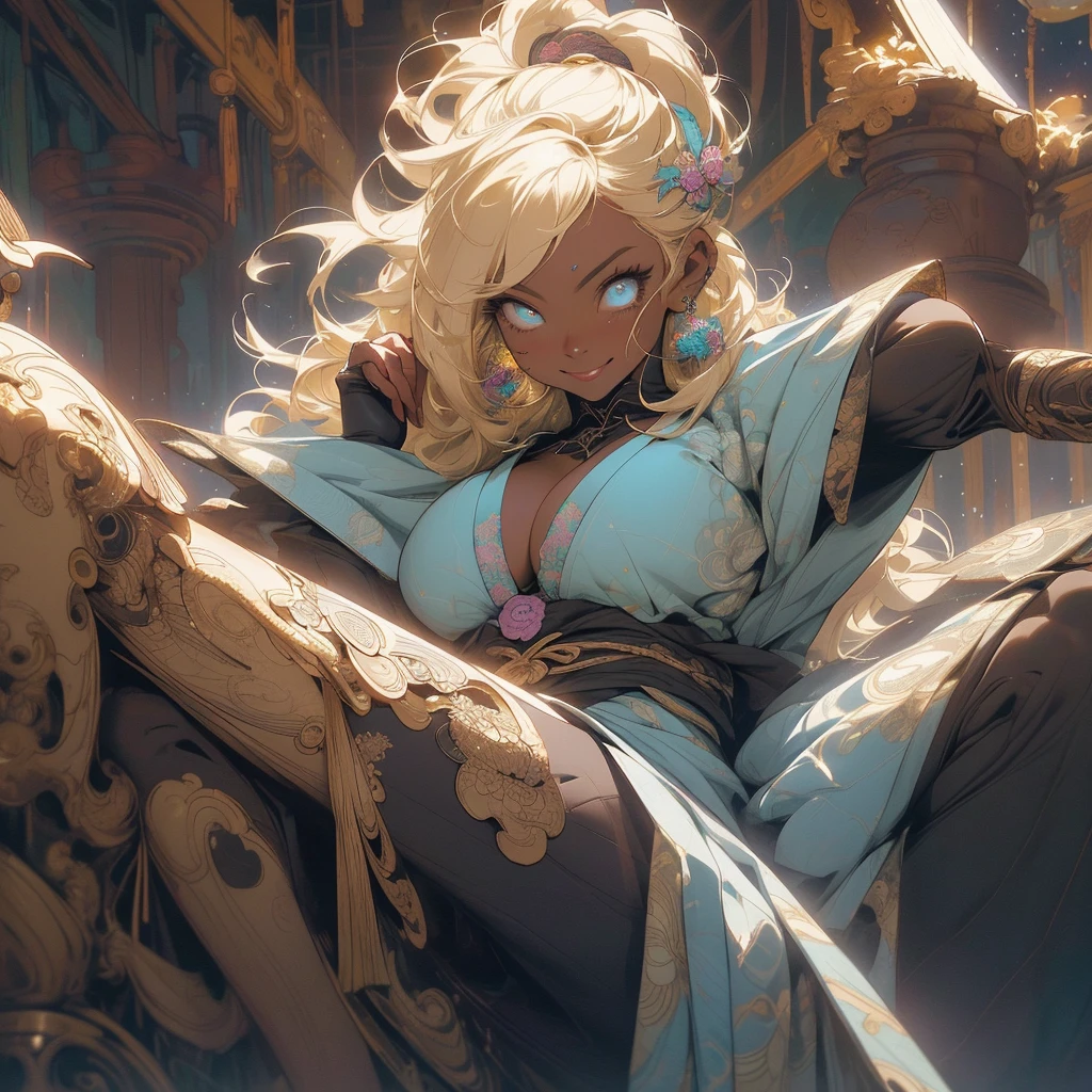 (((highest quality))),(((detailed eyes))),(((32K))),(1 dark skinned girl),Fancy blonde,(tattoo),cyber punk,kimono,((luxurious and gorgeous)),shiny skin,earrings,Stylish costumes,((Super beautiful)),(perfect face),Japanese sword,ultimate texture,official art,Ukiyo-e,((stylish)),photograph,perfect body,smile,Bewitching,best image quality,super clear,genuine,fantasy,(Near the future),ninja,((perfect eyes)),((big breasts)),((Perfect cleavage)),highlight,挑発的なsmile,stick out tongue,Mechanical,mandala,Pouring rain,majestic,apotheosis,((fractal art:(1.3)),perfect lighting,colorful,((In underwear)),crow,
