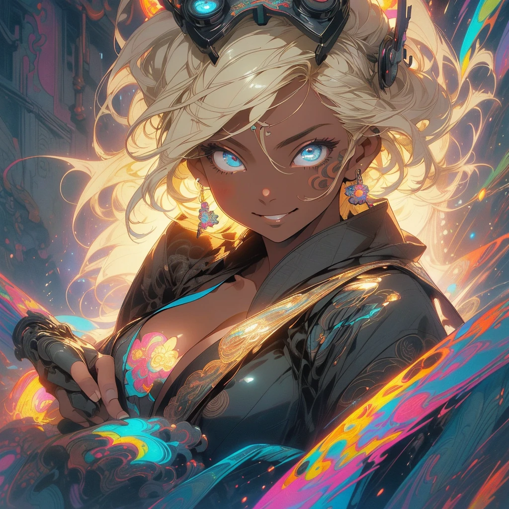 (((highest quality))),(((fine eyes))),(((32K))),(1 dark skinned girl),Fancy blonde,(tattoo),cyber punk,kimono,((luxurious and gorgeous)),shiny skin,earrings,Stylish costumes,((Super beautiful)),(perfect face),Japanese sword,ultimate texture,official art,Ukiyo-e,((stylish)),photograph,perfect body,smile,Bewitching,best image quality,super clear,genuine,fantasy,(Near the future),ninja,((perfect eyes)),big breasts,((Perfect cleavage)),highlight,挑発的なsmile,stick out tongue,Mechanical,mandala,Pouring rain,majestic,apotheosis,fractal art:(1.3),perfect lighting,colorful,((In underwear)),crow,